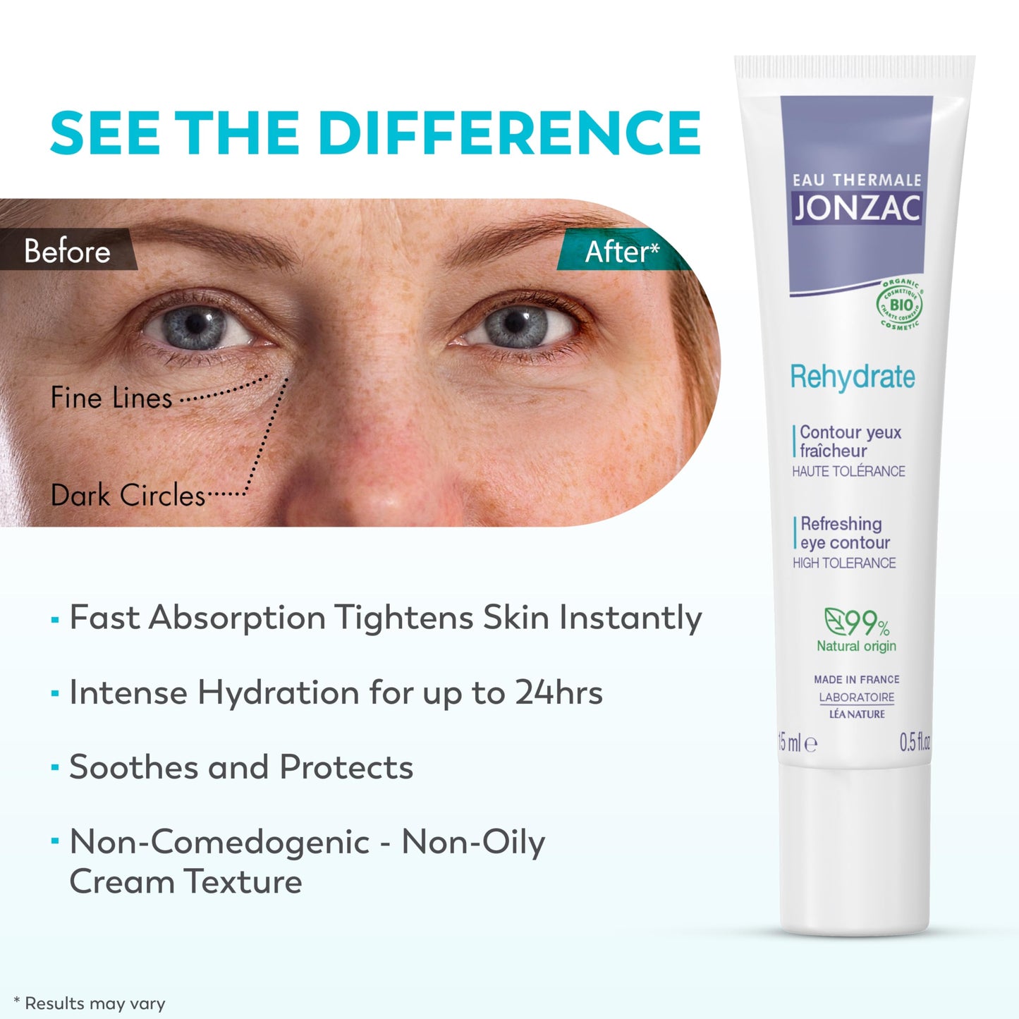 Eau Thermale Jonzac Rehydrate Organic Refreshing Eye Contour Cream - Soothing Hydration with Hyaluronic Acid For Dark Circles - For Sensitive Skin