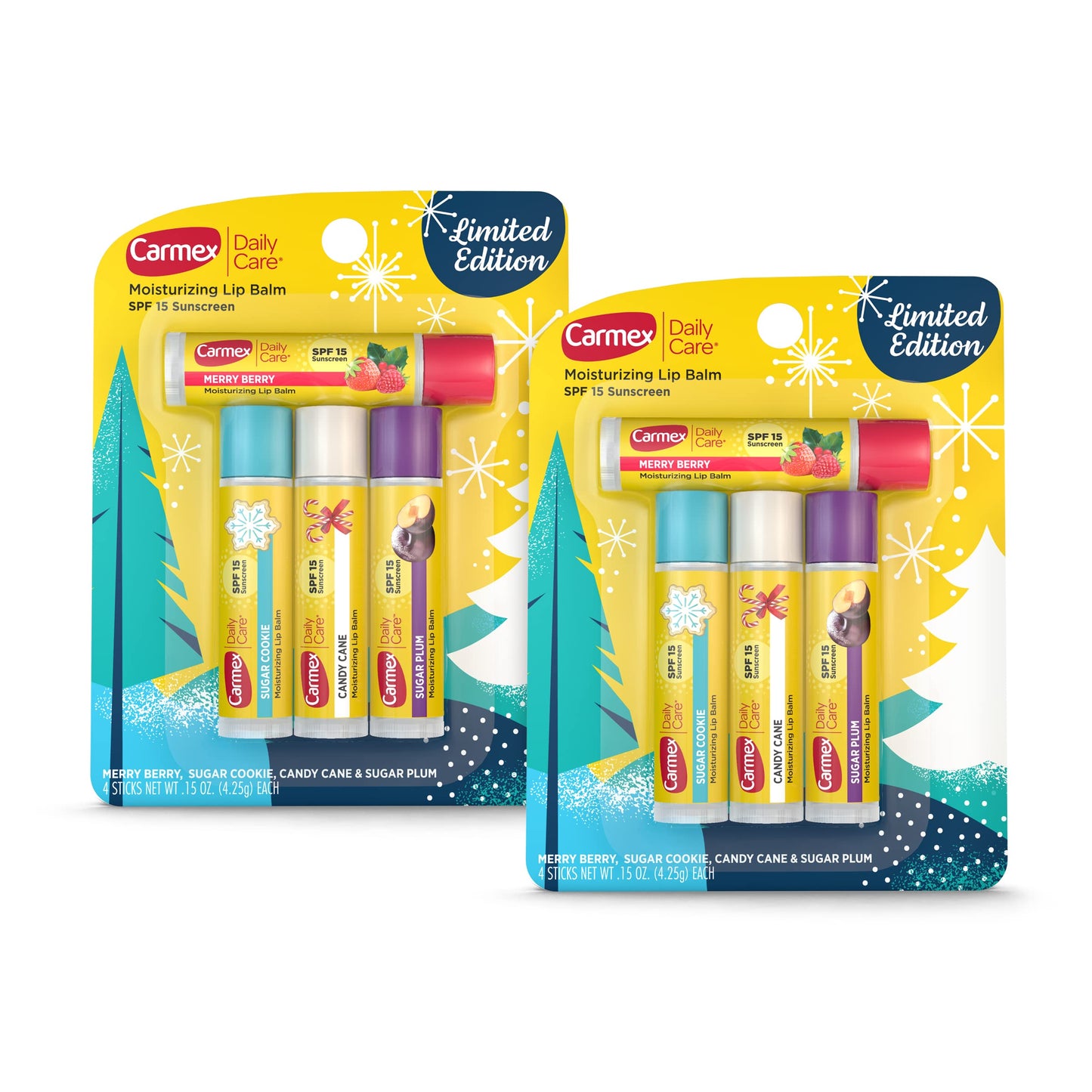Carmex Daily Care Moisturizing Lip Balm Limited Edition Holiday Stick Pack in Sugar Plum, Candy Cane, Sugar Cookie and Merry Berry - 0.15 OZ each, 4