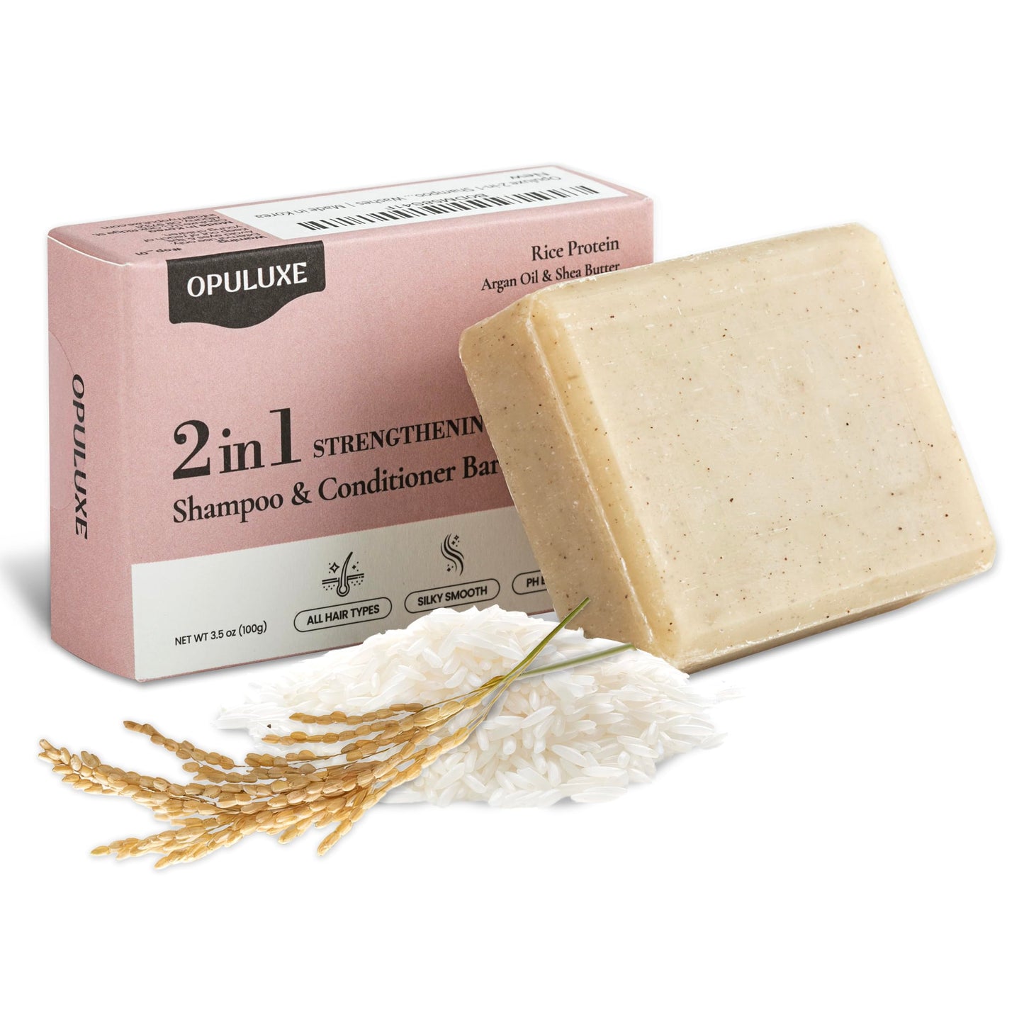 Opuluxe Rice Protein 2-in-1 Shampoo & Conditioner Bar - Strengthening & Moisturizing - Scalp Care with Argan Oil & Shea Butter - Travel Friendly