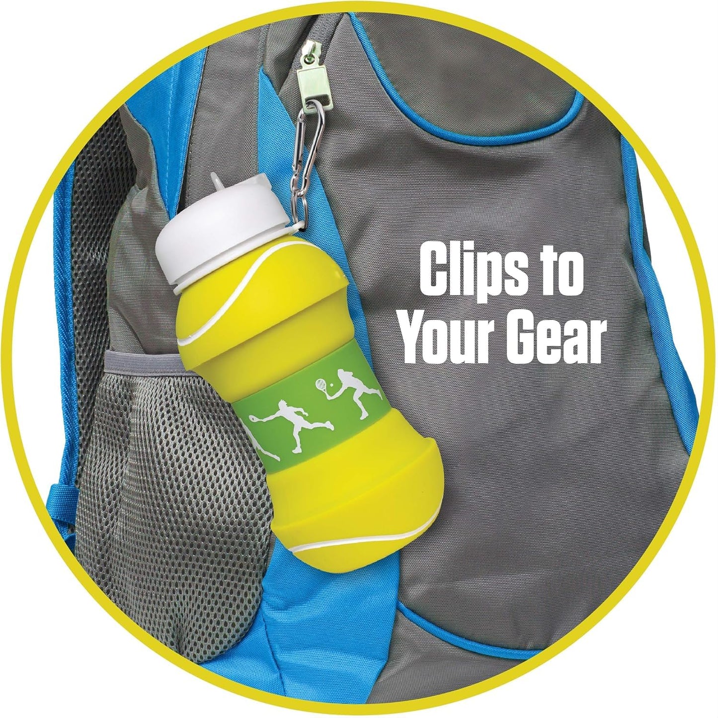 Maccabi Art Clip-On Collapsible BPA-Free Silicone Tennis Ball Water Bottle for Kids, 18 Oz. Size