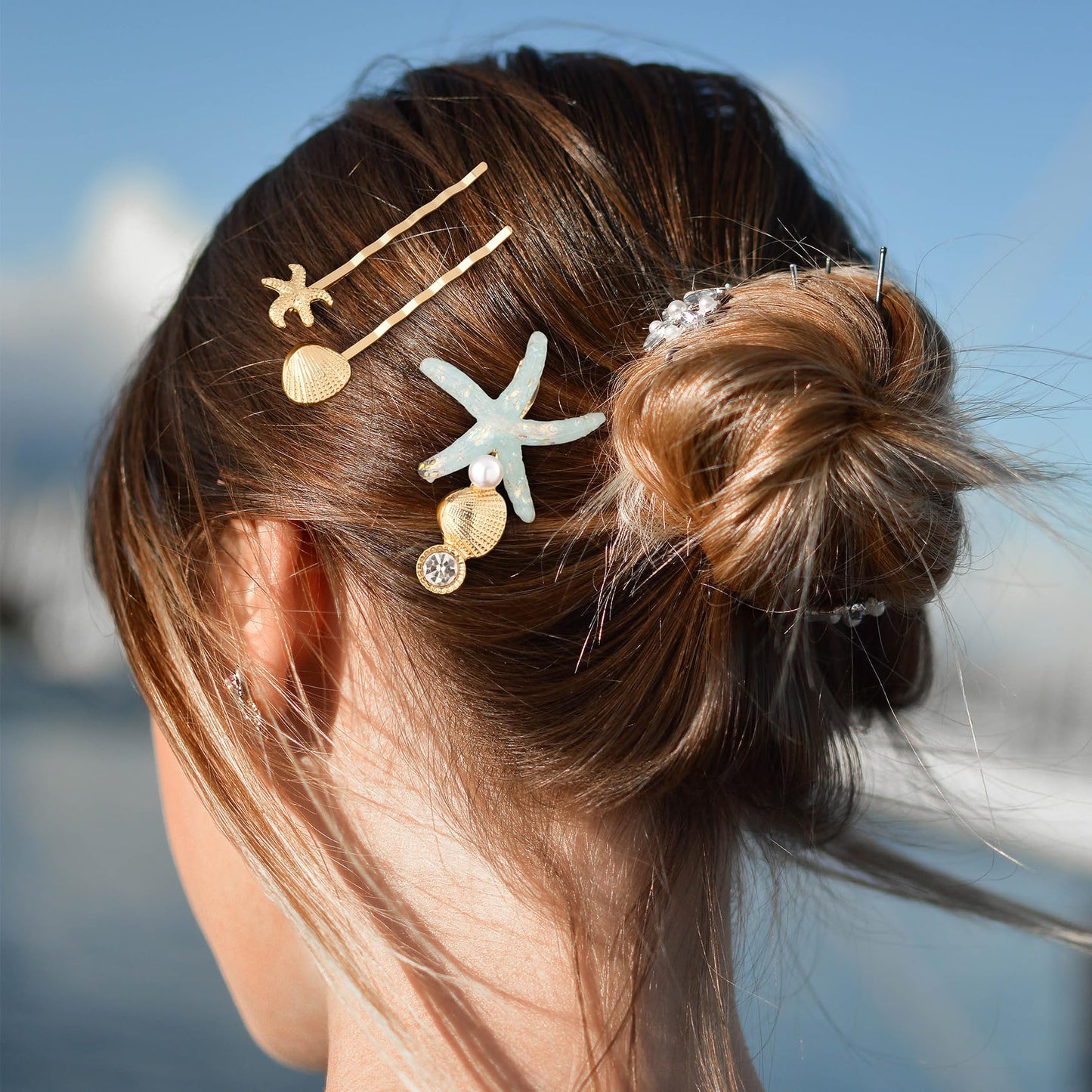 HINZIC 10 Pack Mermaid Starfish Hair Clips, Seashell Pearls Crystal Hair Sticks, Sparkling Sea Star Bobby Pins Ponytail Holder, Faux Wedding Headpiece