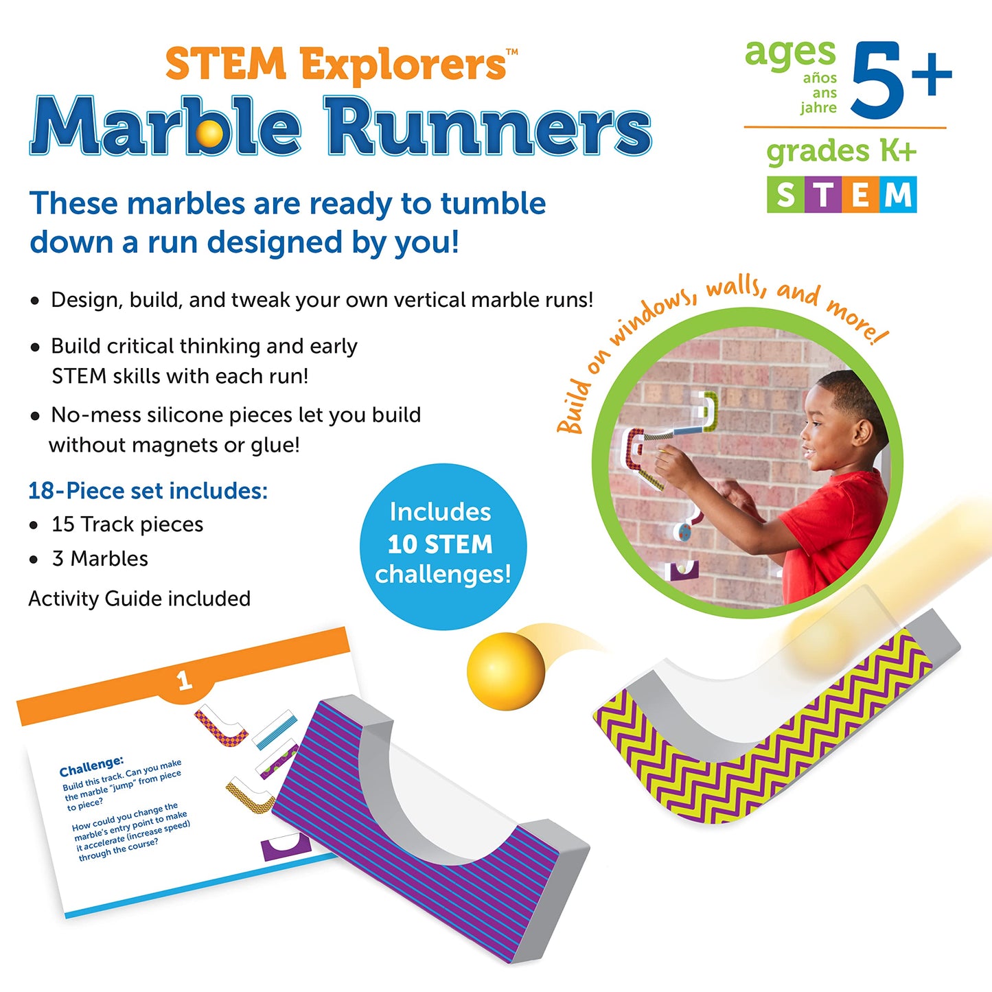 Learning Resources STEM Explorers Marble Runners 18pcs – STEM Brain Teaser Toy & Activity Set for Kids Ages 5+, Kindergarten Games