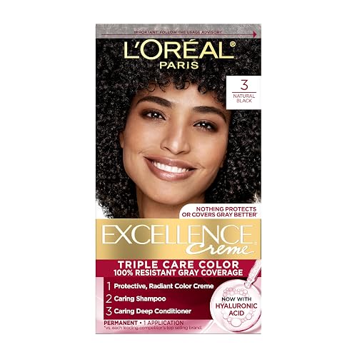 L'Oreal Paris Excellence Crème Permanent Hair Dye, Triple Care Hair Color with Hyaluronic Acid for 100% Gray Coverage, 3 Natural Black, 1 Kit