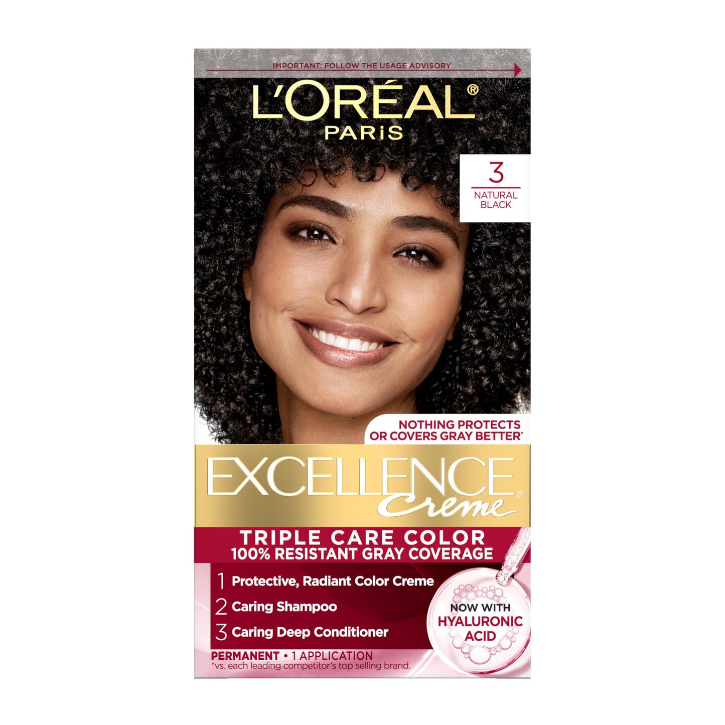 L'Oreal Paris Excellence Crème Permanent Hair Dye, Triple Care Hair Color with Hyaluronic Acid for 100% Gray Coverage, 3 Natural Black, 1 Kit