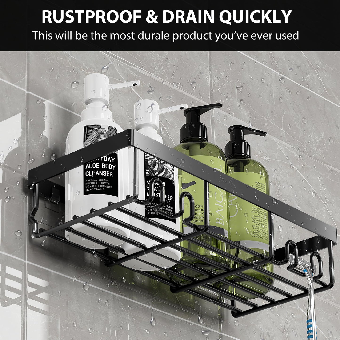 Moforoco Shower Caddy Shelf – Self-Adhesive Black Bathroom Organizer Rack for Wall, RV, Apartment, Home Storage Essentials
