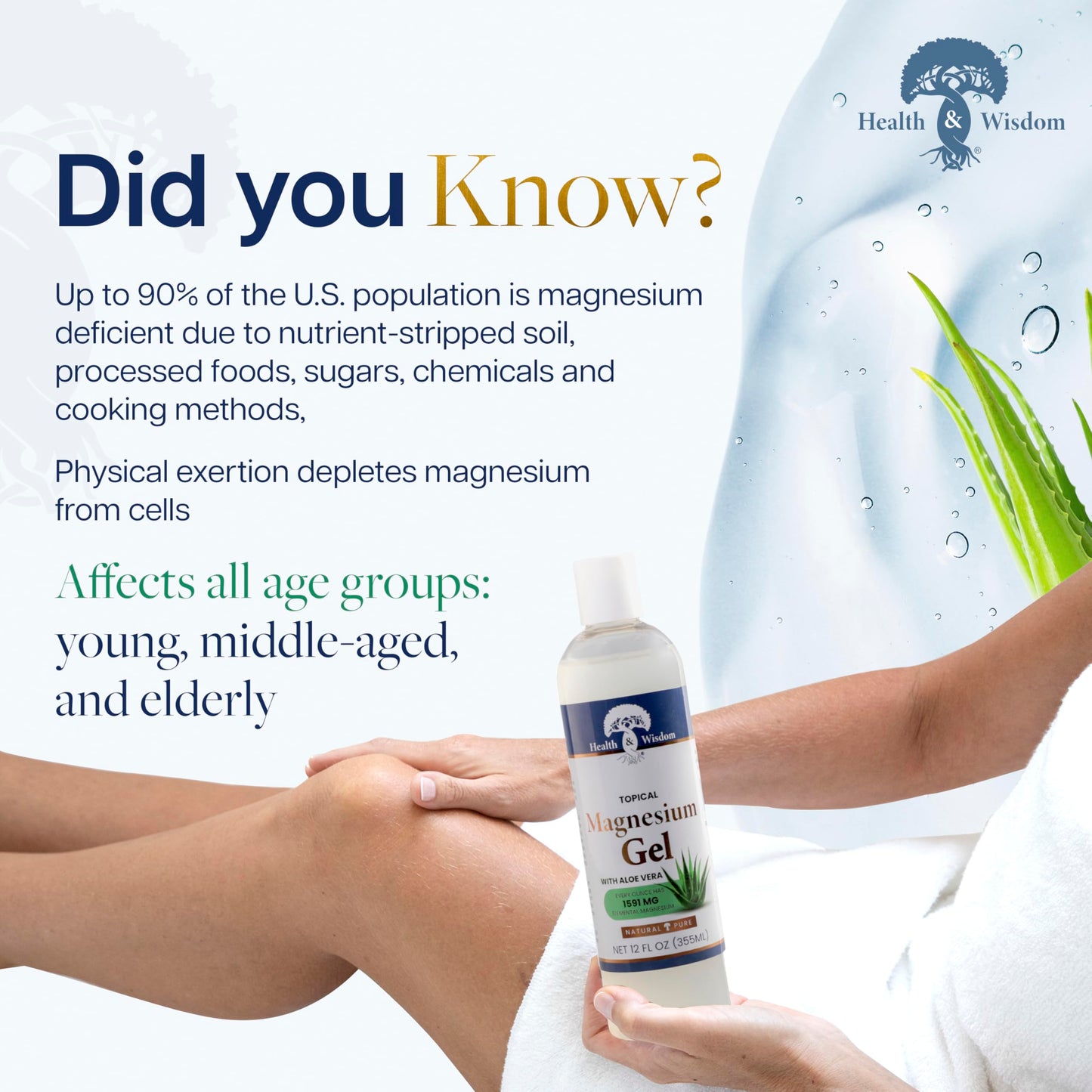 Health & Wisdom Pure Magnesium Gel with Seaweed Extract and Aloe Vera - USP Grade Topical Muscle & Joint Relief- Natural and Pure Skin & Scalp