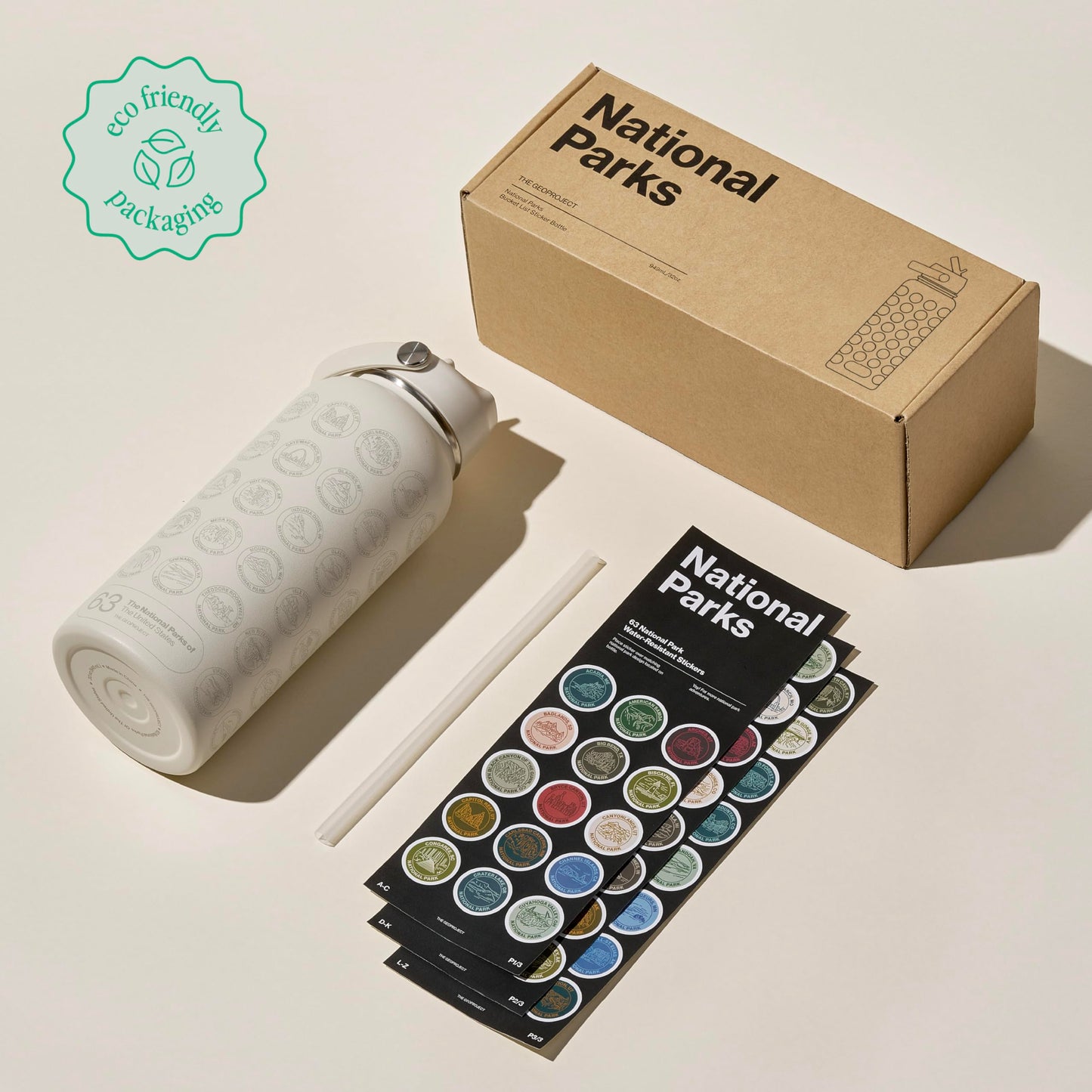 National Parks Water Bottle with Stickers Kit, Adventure Flask with Straw, Waterproof Stickers for Water Bottle, Insulated Stainless Steel 32oz (Tan)