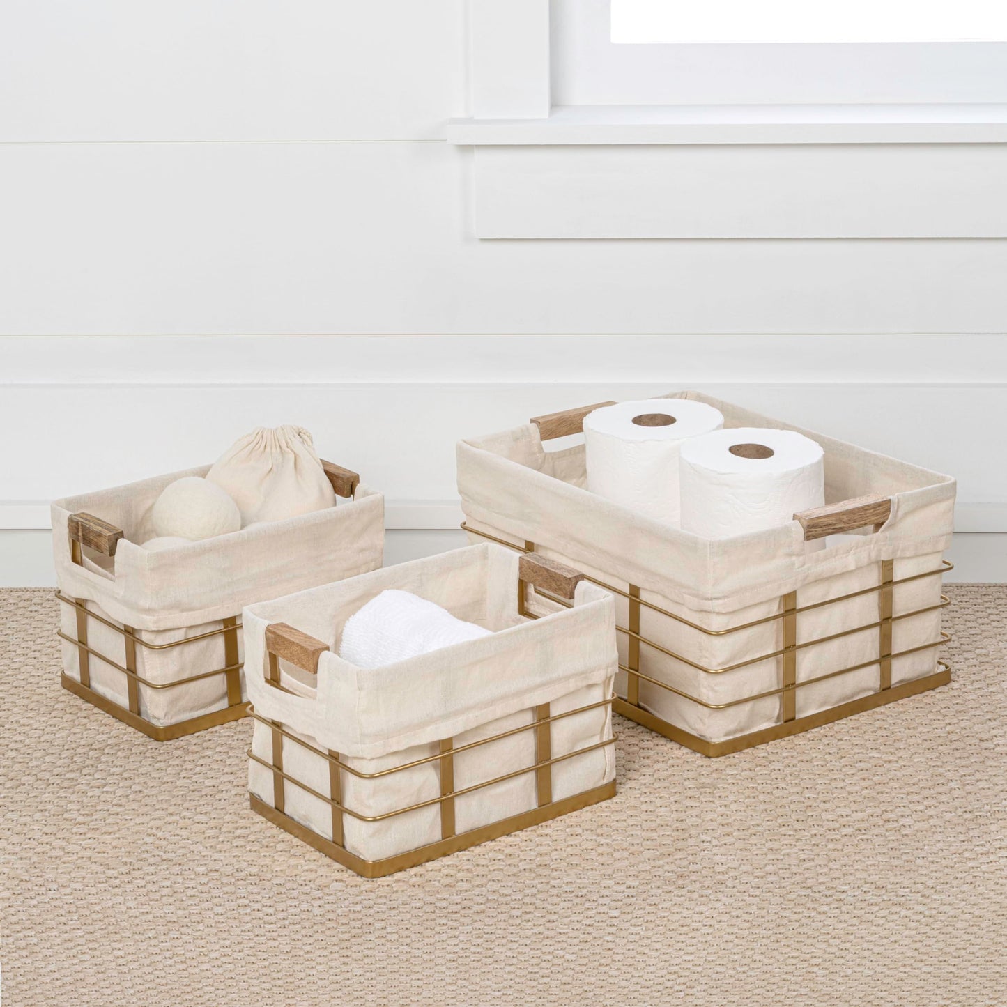 happimess BSK3002D-3SET Callan Vintage Industrial Wire Metal Nesting Storage Baskets with Wood Handles and Fabric Liner for Shelves, Cabinets…