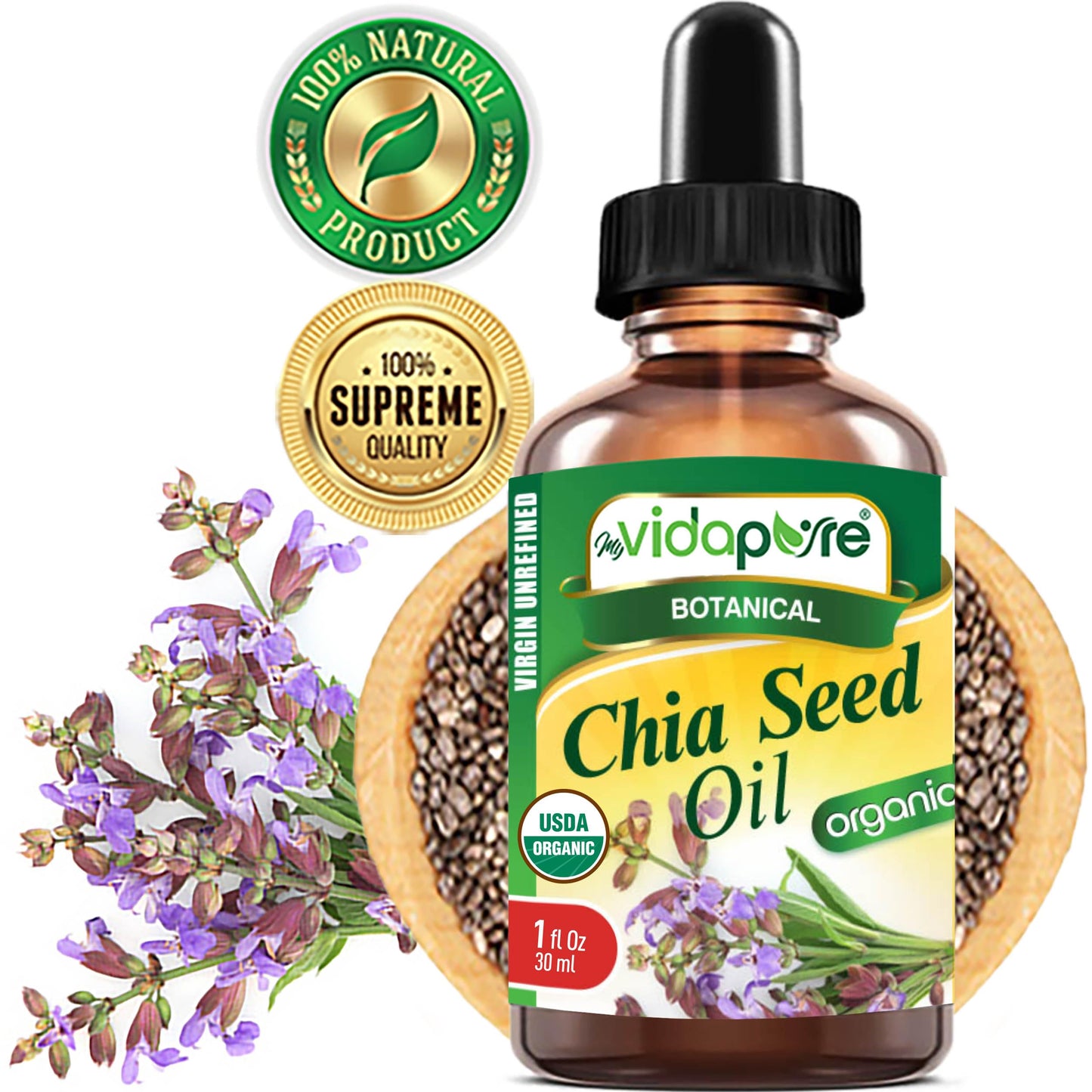 MYVIDAPURE Organic CHIA SEED OIL Certified Organic 100% Natural Pure VIRGIN UNREFINED Undiluted Cold Pressed Carrier Oil for Face Skin Body Hair Lip