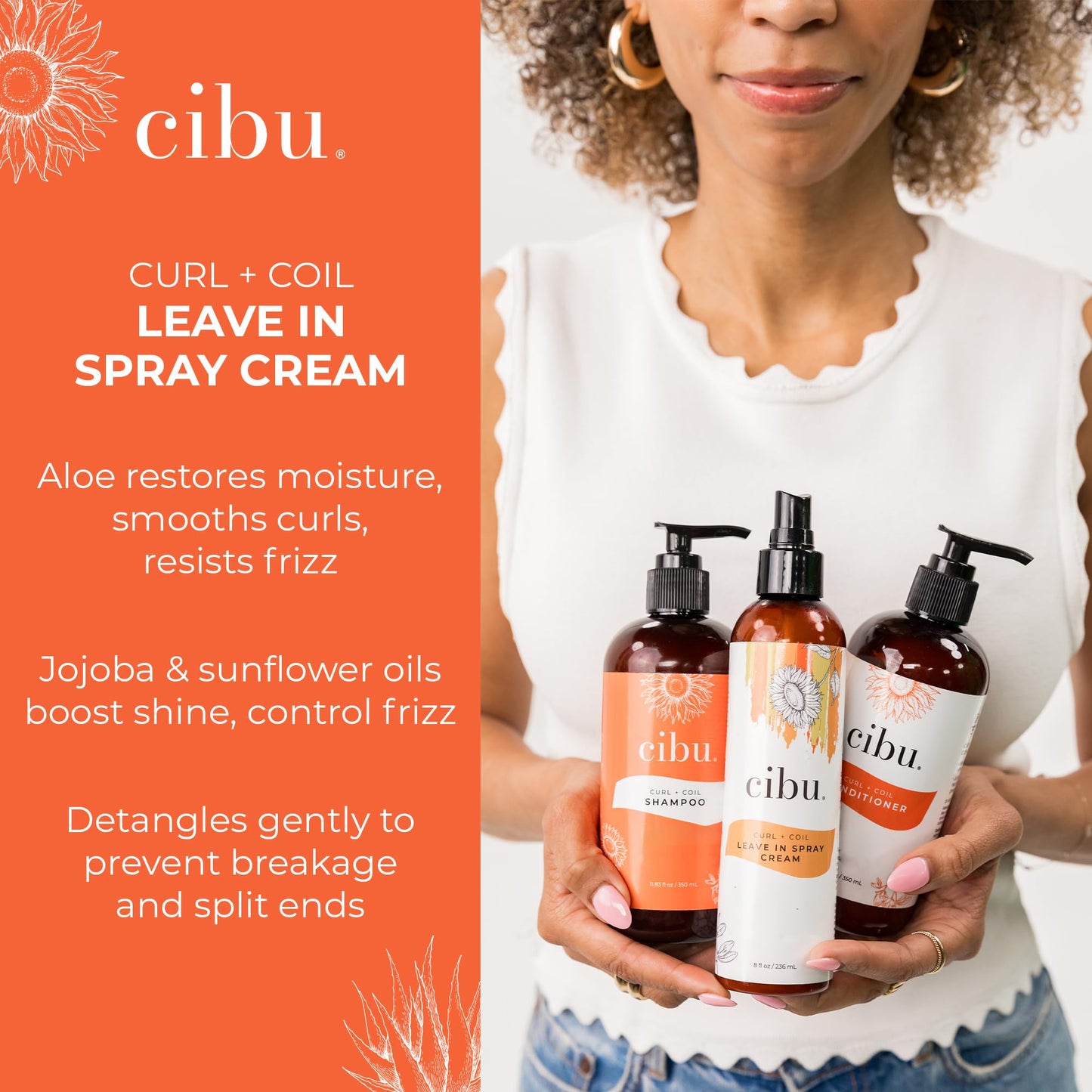 CIBU Curl + Coil Leave In Spray Cream, 8oz - Hair Detangler Spray for Women to Revitalize & Activate Curls and Coils - with Aloe to Replenish