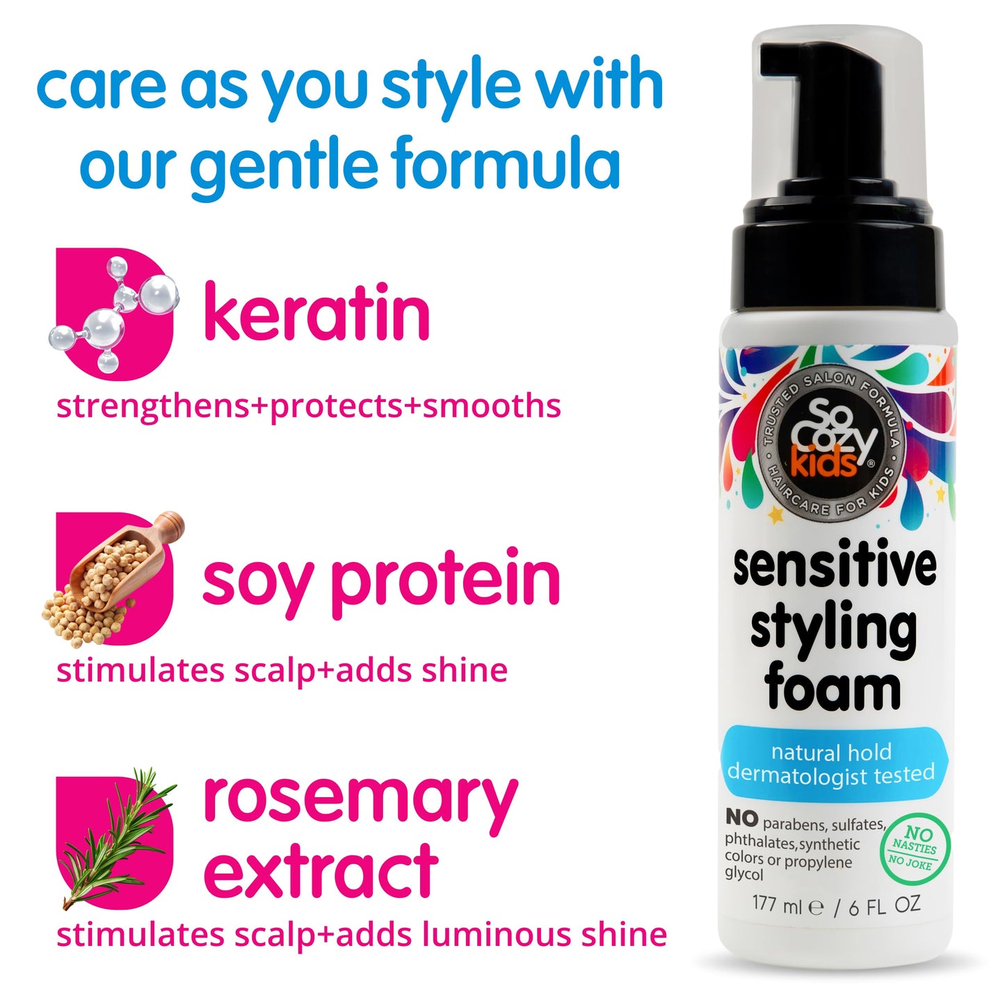 SoCozy Kids Sensitive Styling Foam - Sensitive Foam For Kids w/Straight or Curly Hair - Gentle Natural Hold Styler, Rosemary (6 fl oz)
