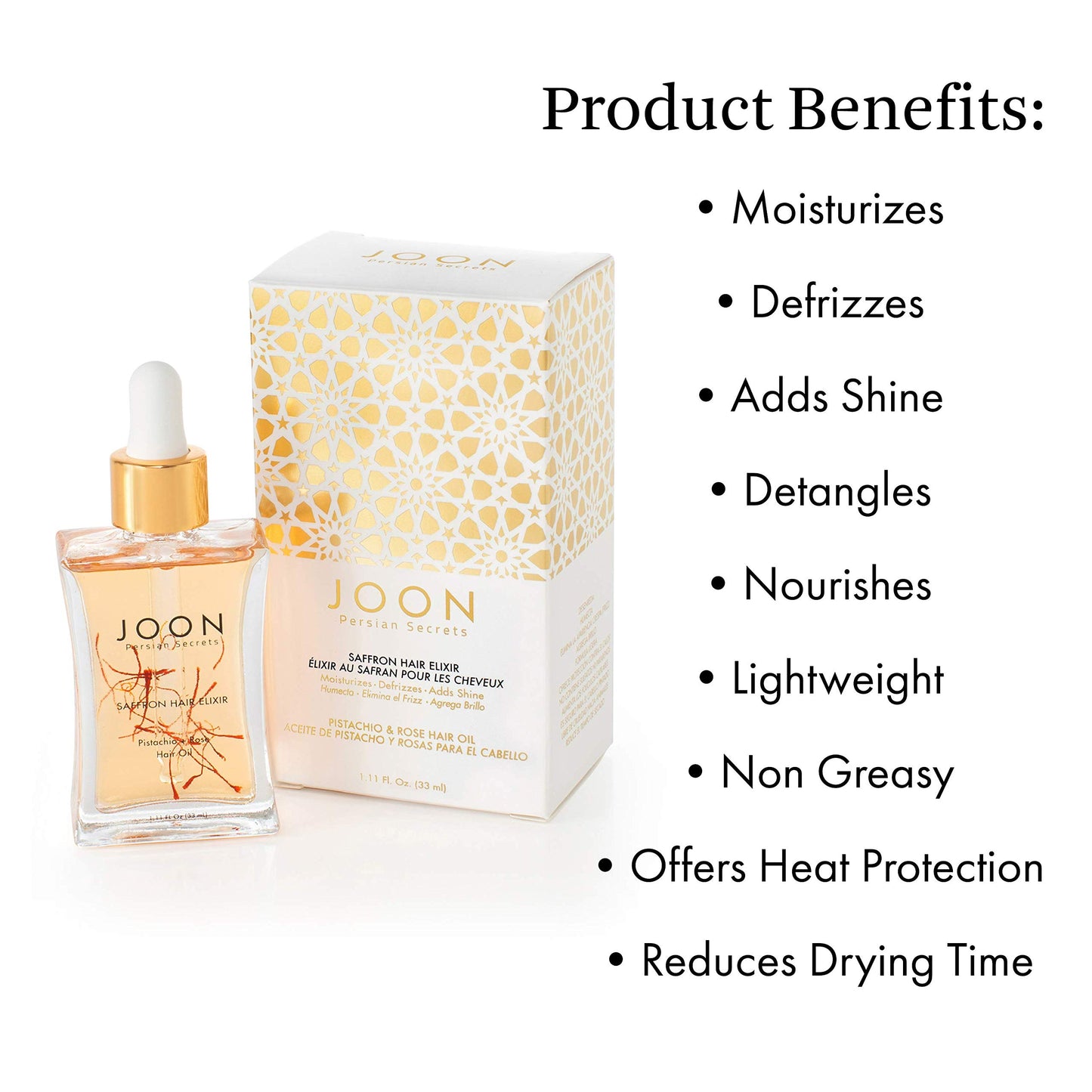 Joon Moisturizing Trio Set | 1.1oz Saffron Hair Elixir, 10.1oz Saffron Rose Shampoo and Conditioner