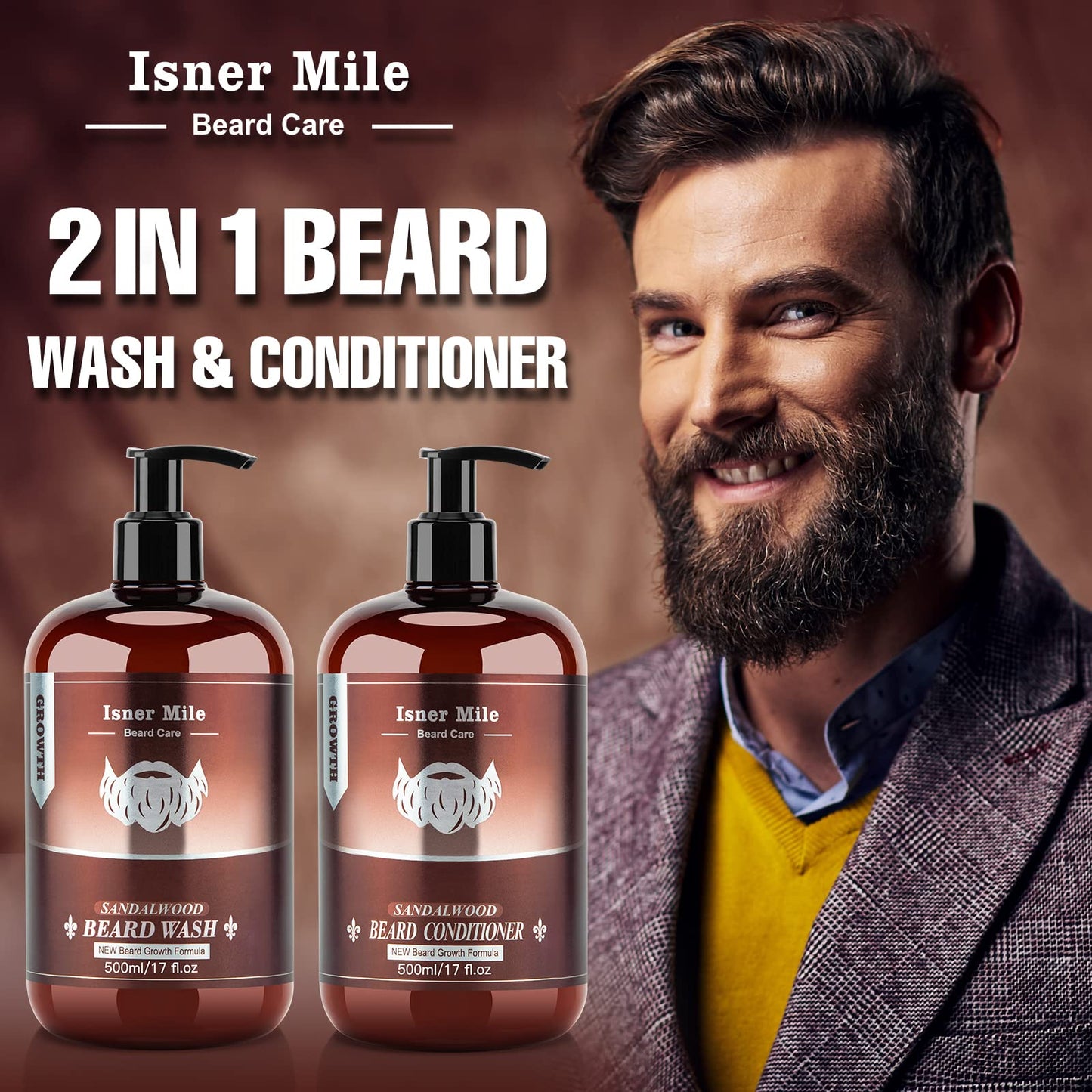 ISNER MILE Beard Wash & Conditioner Set for Men - 17 oz Shampoo with Biotin, Argan & Jojoba Oils for Smooth, Soft, and Strengthened Beard - Sandalwood