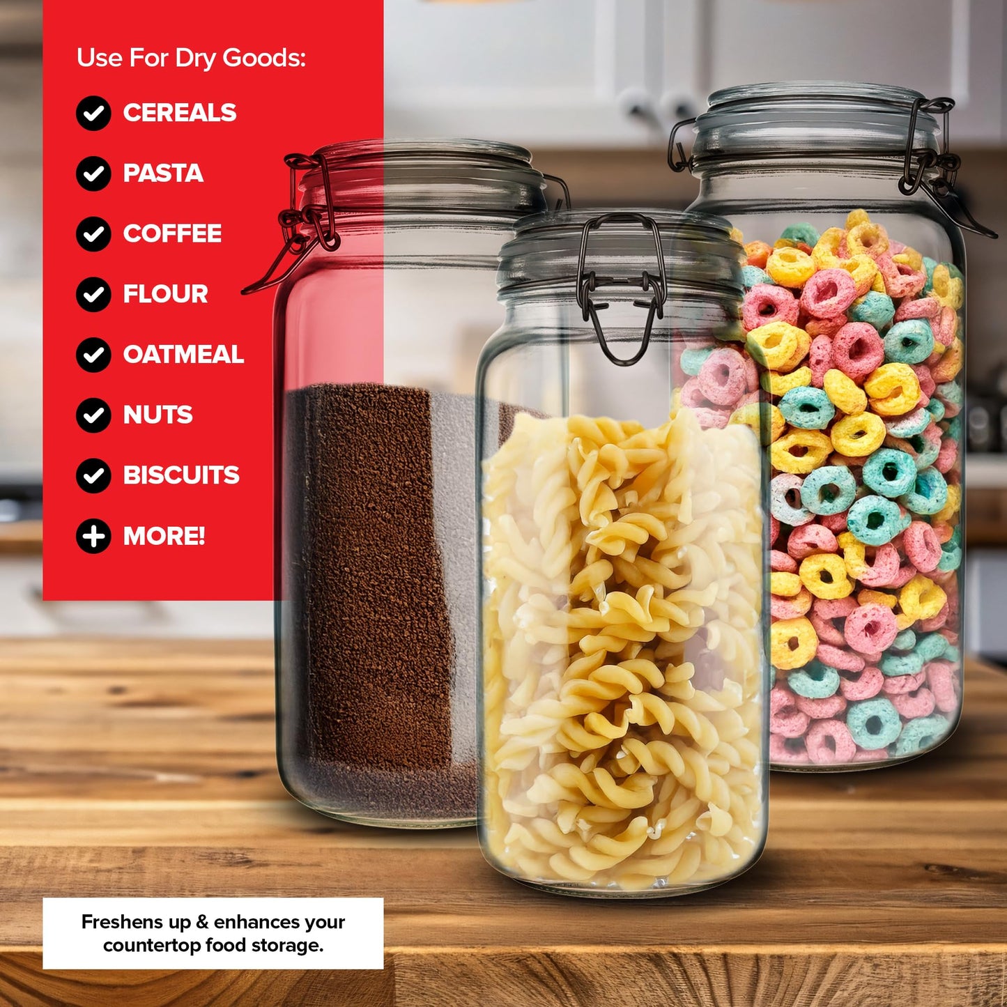 Stock Your Home 78 oz Large Glass Storage Containers With Airtight Clamp Lids, Set of 3 Hinge-Top Food Storage Mason Jars for Pantries, Sealed Glass…