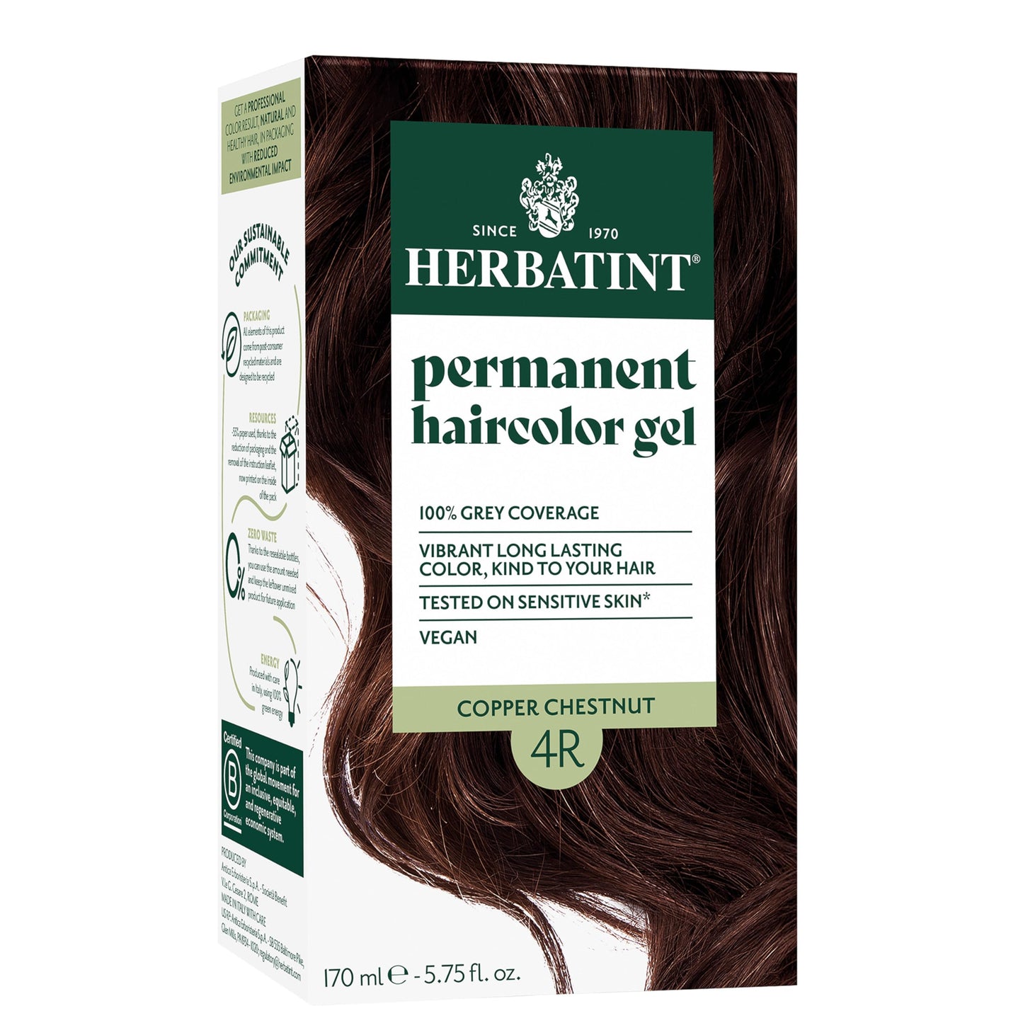 Herbatint Permanent Hair Dye For Women - 4R Copper Chestnut - For Up To 100% Gray Coverage of Resistant Gray Hair - Ammonia-Free, Alcohol-Free & Vegan