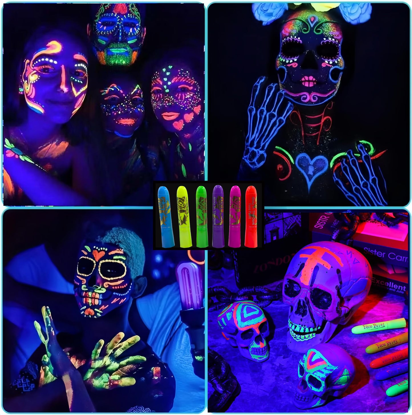 Glow In The Dark Body Paint, 6 PCS Glow In The Dark Under Uv Black Light Sticks Makeup Neon Face Painting Kits For Adult Halloween Festival Accessory
