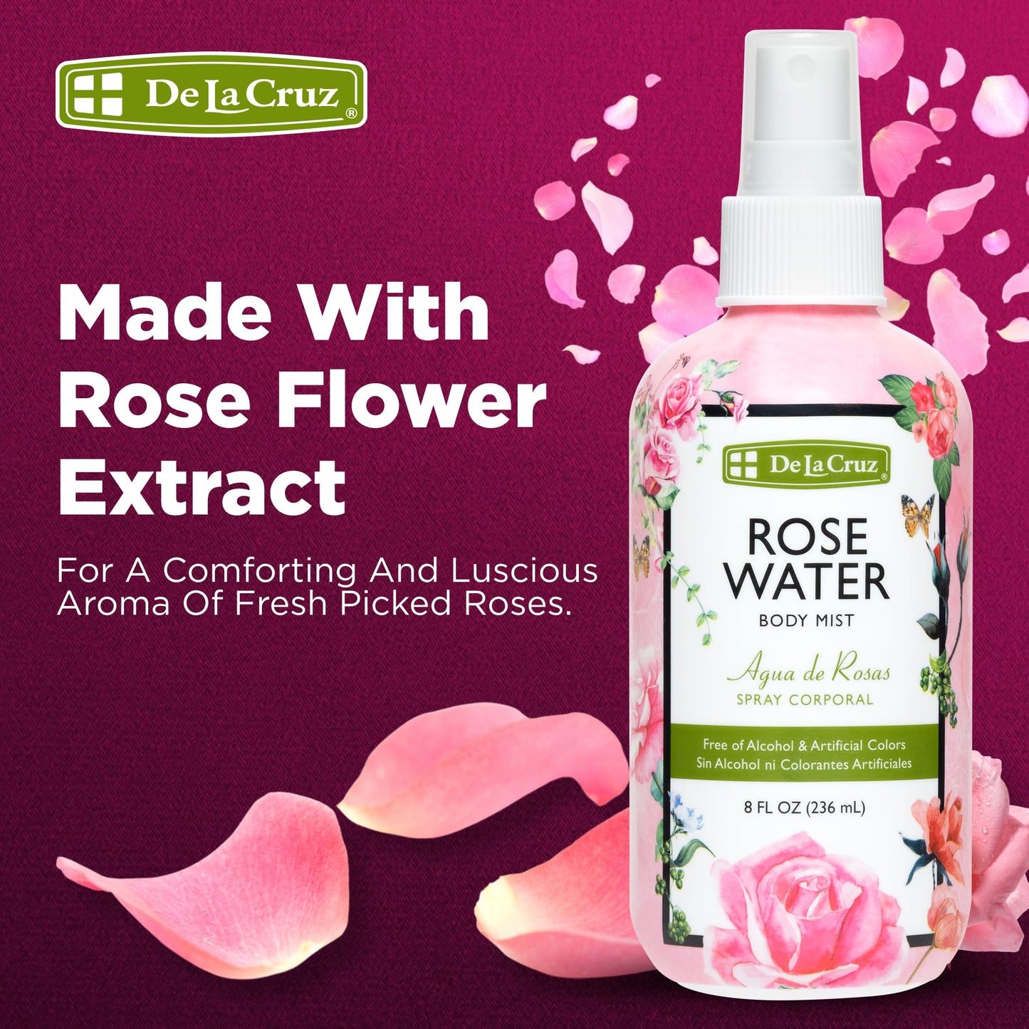 De La Cruz Pure Rose Water Body Mist,Rosewater Spray for Face, Skin & Hair,Toner & Rose Water for Hair Alcohol Free, Paraben Free 8 fl oz (1 Bottles)