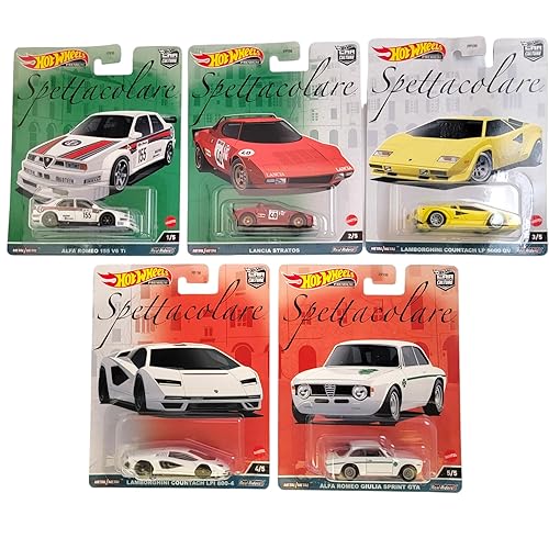 Hot Wheels Car Culture 2023 Spettacolare Series - Bundled Complete 5‑Pack (FPY86‑959B) | Alfa Romeo Giulia GTA, 155 V6 Ti, Lancia Stratos, Countach…