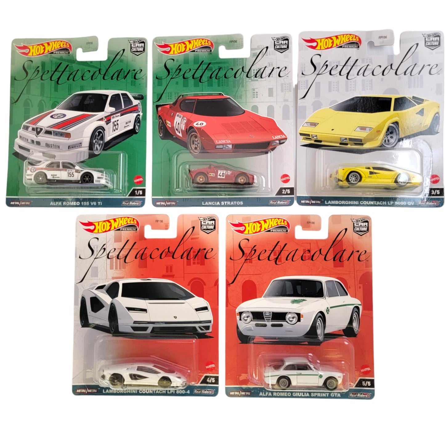 Hot Wheels Car Culture 2023 Spettacolare Series - Bundled Complete 5‑Pack (FPY86‑959B) | Alfa Romeo Giulia GTA, 155 V6 Ti, Lancia Stratos, Countach…