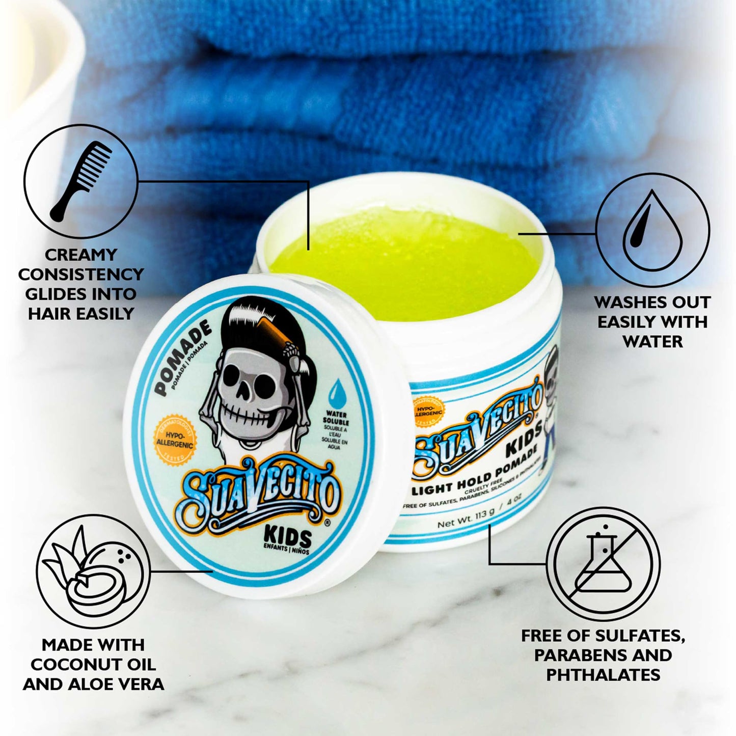 Suavecito Kid's Pomade Calming Chamomile Scent Light Hold 4 oz. - Water Based Flake Free Hair Gel - Dermatologist-Tested, Hypoallergenic Formula