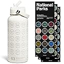 National Parks Water Bottle with Stickers Kit, Adventure Flask with Straw, Waterproof Stickers for Water Bottle, Insulated Stainless Steel 32oz (Tan)