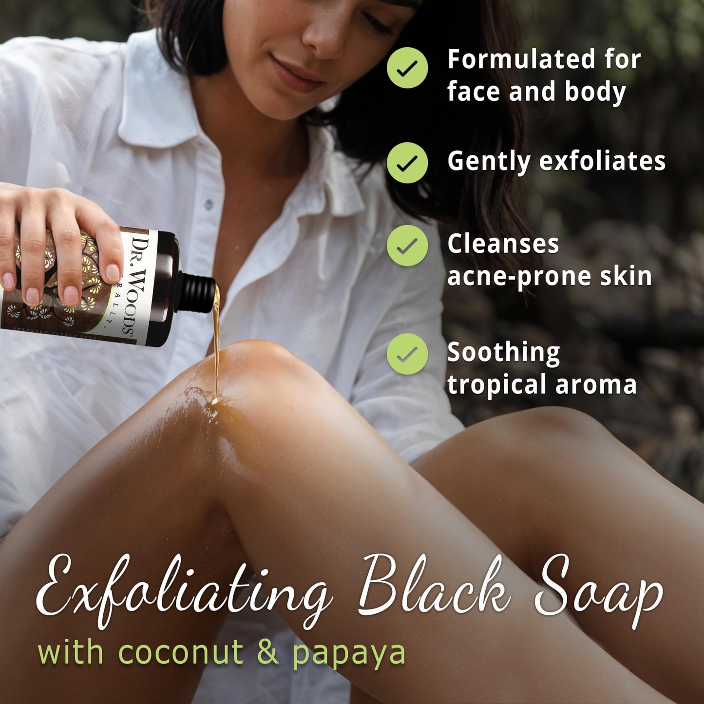 Dr. Woods Raw African Liquid Coconut Papaya Black Soap- Body Wash for Men & Women, Organic Shea Butter, Gentle Exfoliant, Coconut & Papaya Fragrance