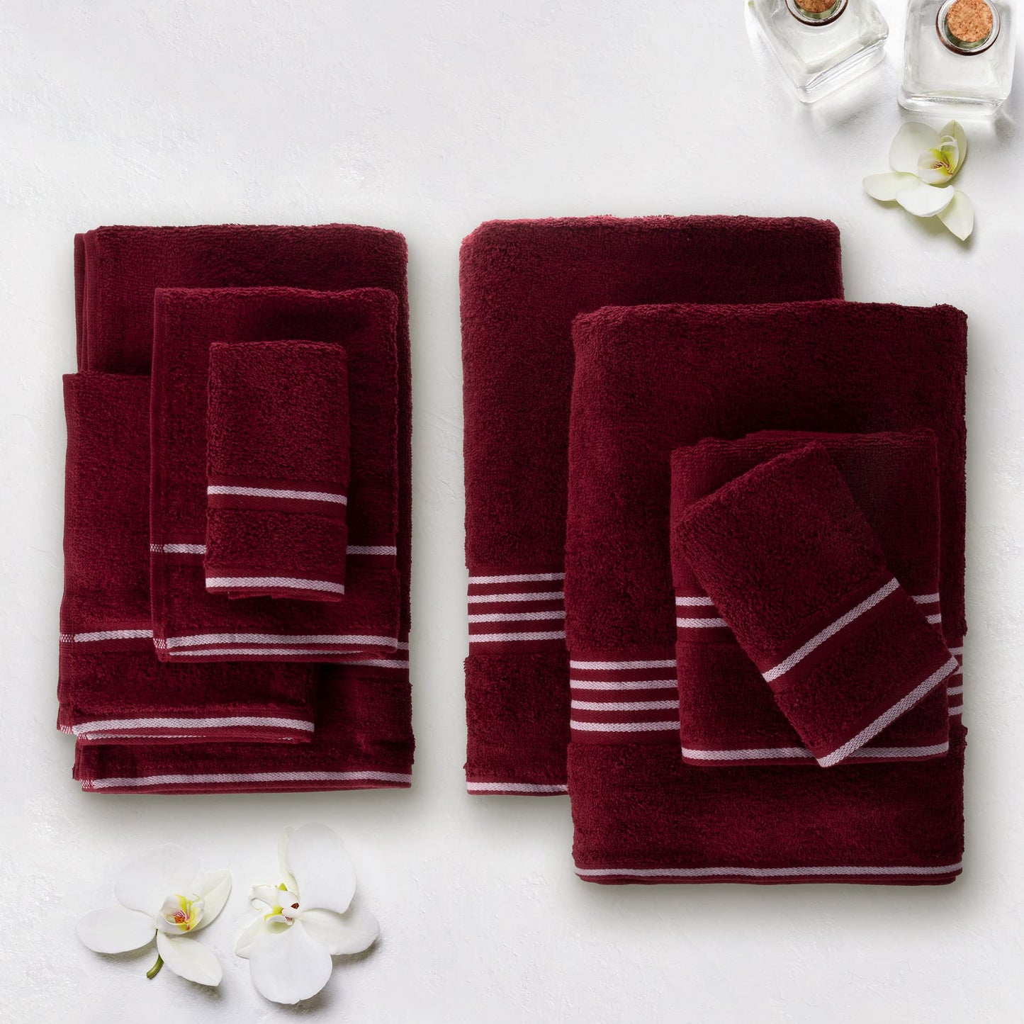 8-Piece Towel Set - Cotton Bathroom Accessories with 2 Bath Towels, 2 Hand Cloths, 2 Washcloths, and 2 Fingertip Cloths by Bedford Home (Burgundy)
