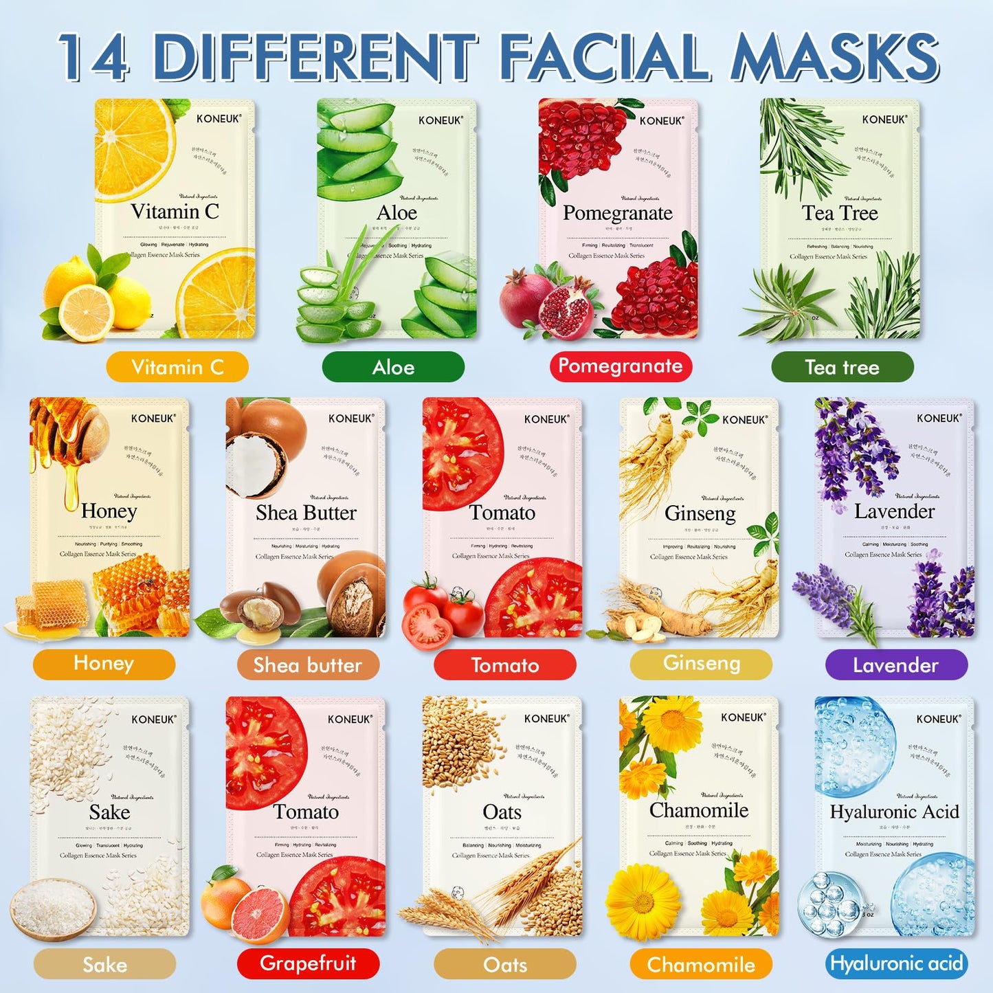 KONEUK 14 Pack Sheet Face Masks Skincare, Hydrating Face Masks Suitable for Dry Skin, Bulk Facial Mask Set for Women Skin Care, Face Mask Gifts Set Beauty and Personal Care KONEUK