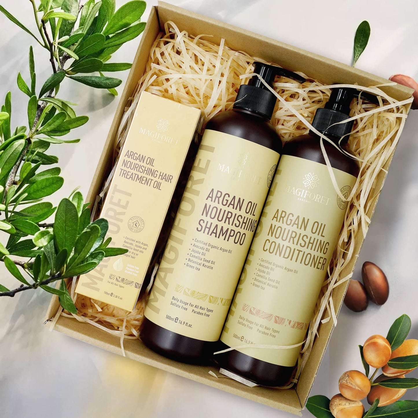 MagiForet Argan Oil Nourishing Daily Care Set, Shampoo 500ml + Conditioner 500ml + Hair Serum 100ml, Sulfate Free Paraben Free, Soft & Smooth, Gentle