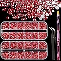 3440PCS 6 Sizes Red Glass Crystal Kit with Pickup Pen + Tweezer Tools for Iridescent Shine Nail Art Manicure Makeup DIY Deco Flatback Round Bead