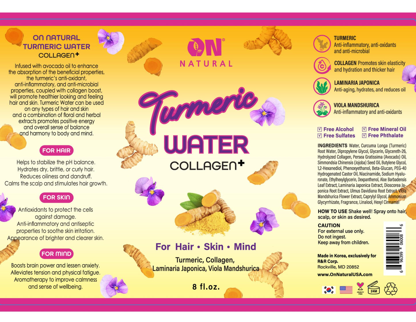 Turmeric Water Collagen Facial and Hair Mist, 8oz Facial and Hair Mist