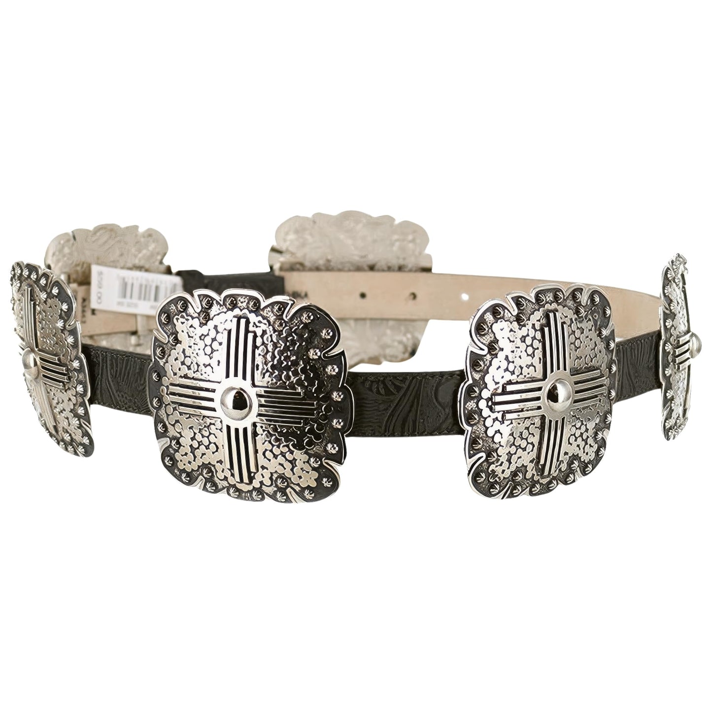 Angel Ranch Ladies Black Floral Embossed Leather Belt with Antique Silver Tone Square Conchos, Removable Buckle, Large