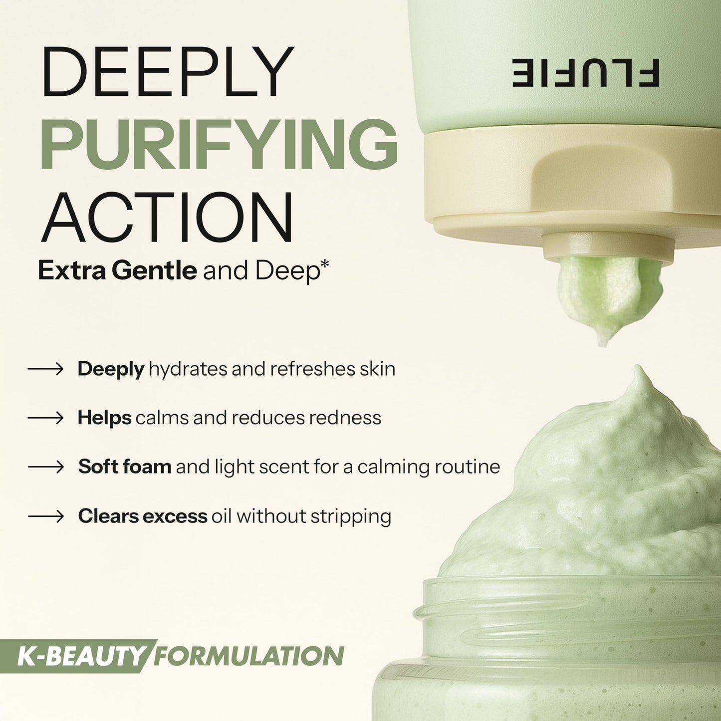 Flufie Whipped Facial Cleanser with Hyaluronic Acid & Green Tea - Deep Hydration & Gentle Pore Care - Dermatologist Tested, Anti-Aging, Korean Skin