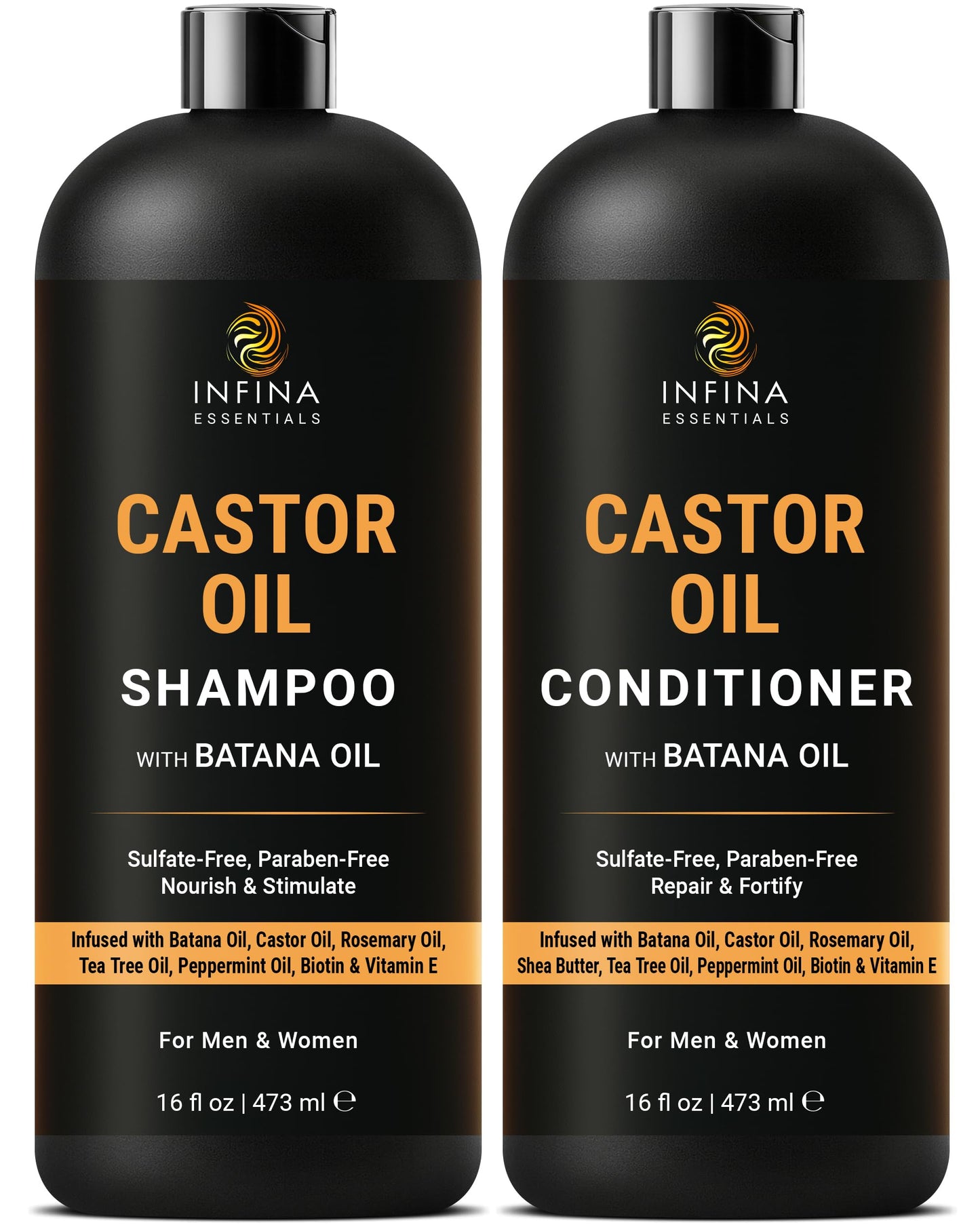 INFINA ESSENTIALS Castor Oil Shampoo and Conditioner Set | 16 fl oz Each | with Batana Oil | Strengthening, Thickening & Hydrating Formula | Supports