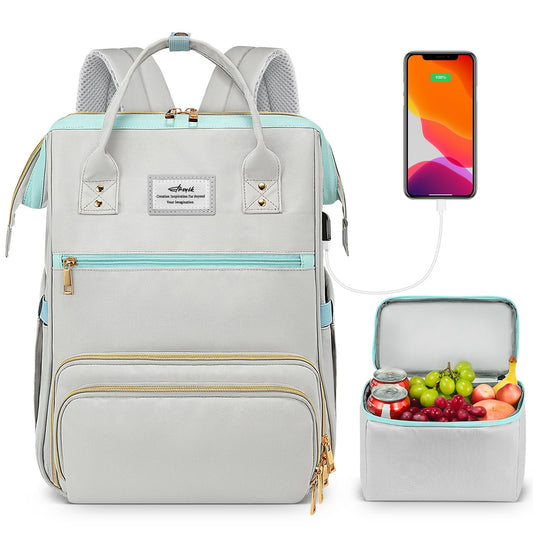 ETRONIK Lunch Backpack, 15.6 Inch Laptop Backpack with USB Port, Stylish Nurse, Teacher Work Bag with Insulated Cooler Lunch Box for Women Men, College Backpack for Travel, Grey Blue