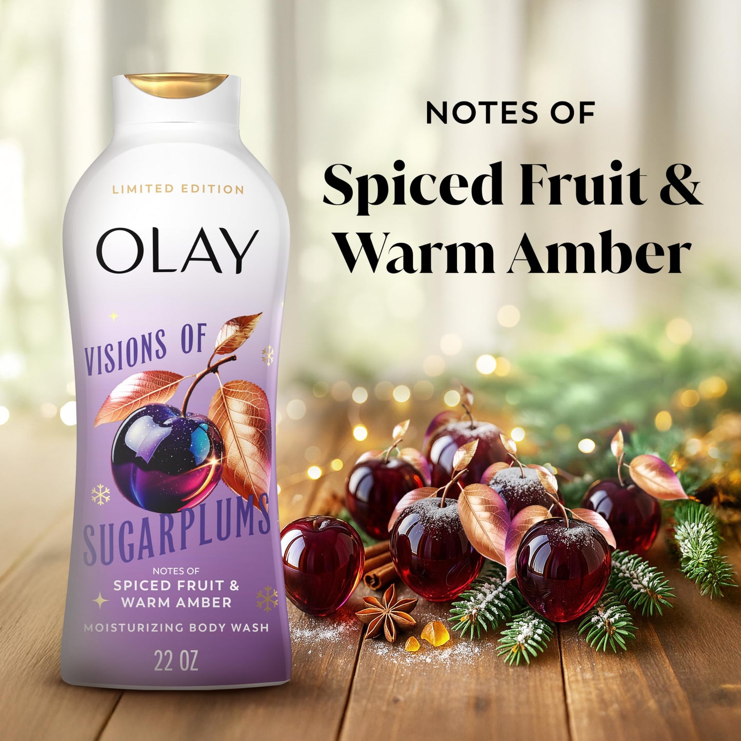 Olay Body Wash for Women, Hydrating & Moisturizing, Holiday Edition, With Plant Based Cleansers, B3 Complex, For All Skin Types, Visions of Sugarplums