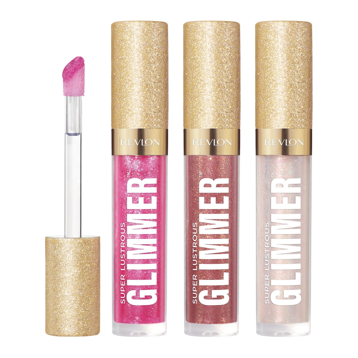 REVLON Super Lustrous Glimmer Gloss Gift Set, 3-Piece, Non-Sticky Lip Makeup, Plant-Based Glitter, High-Shine Finish, 008 Rose Glow, 005 Glazed Almond