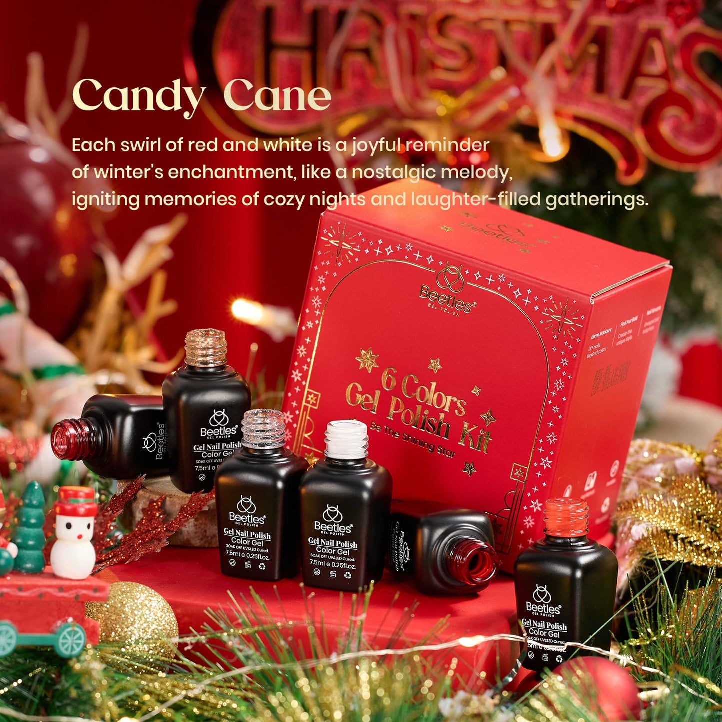 Beetles Gel Nail Polish - Candy Cane Gel Polish Set, 6 Color Burgundy Red Glitter White Silver Snow Holiday Sparkle Manicure Kit Soak off Uv Nail Art