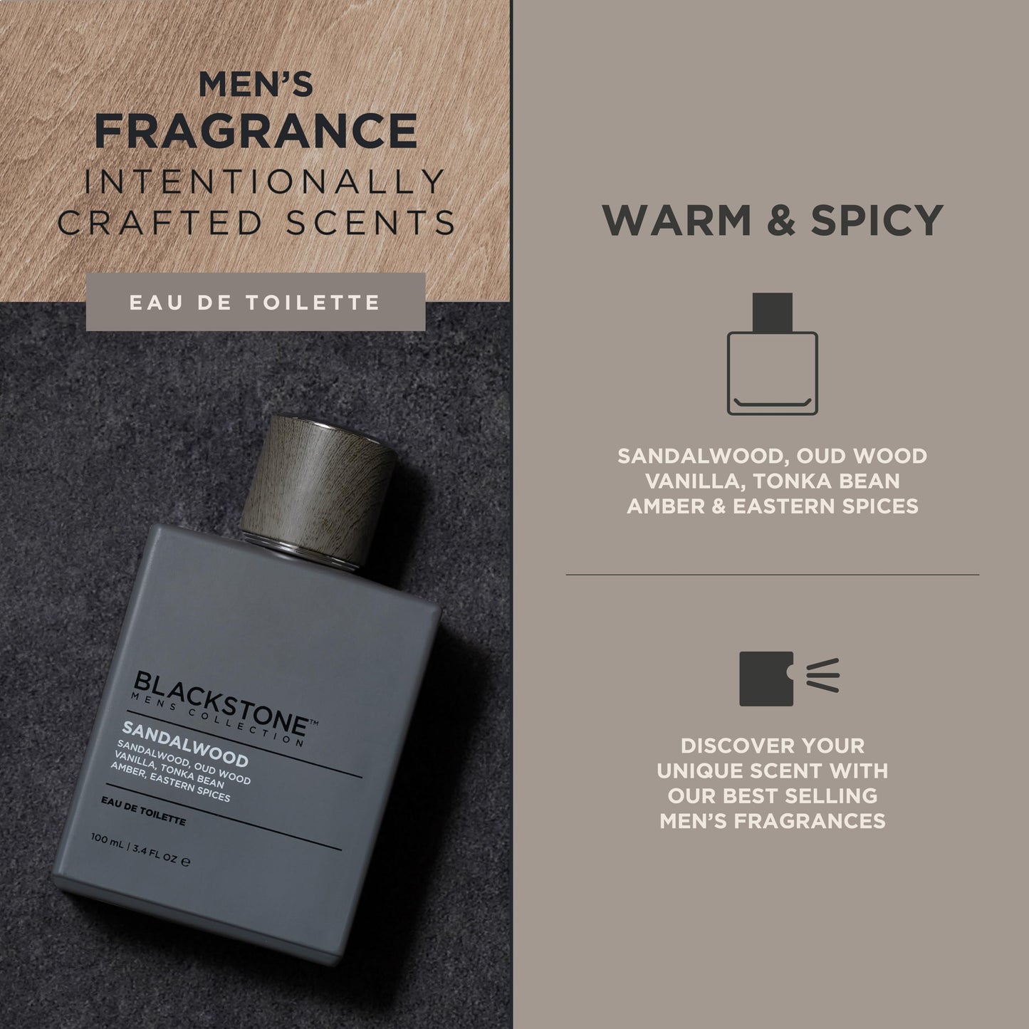 Blackstone Mens Collection Eau de Toilette - Sandalwood | Men's Fragrance, Long Lasting Cologne, with Sandalwood, Oud & Amber | Everyday Fragrance,