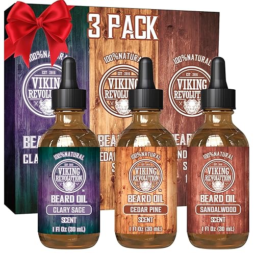 Viking Revolution Beard Oil for Men 3 Pack - Natural Mens Beard Oil Variety Set - Sandalwood, Pine and Cedar, Clary Sage Scents - Beard Conditioning