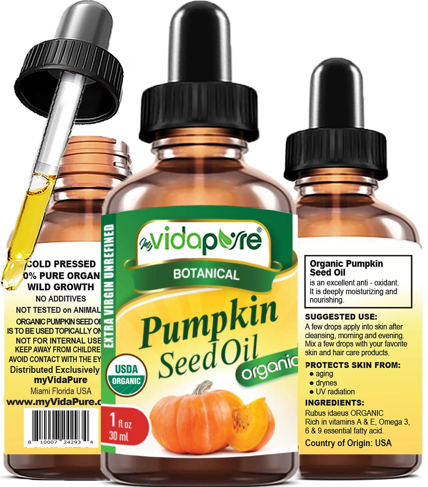 MYVIDAPURE Organic PUMPKIN SEED OIL Certified Organic WILD GROWTH RAW Pure EXTRA VIRGIN UNREFINED for Skin, Face, Body, Hair and Lip Care (1 Fl Oz)