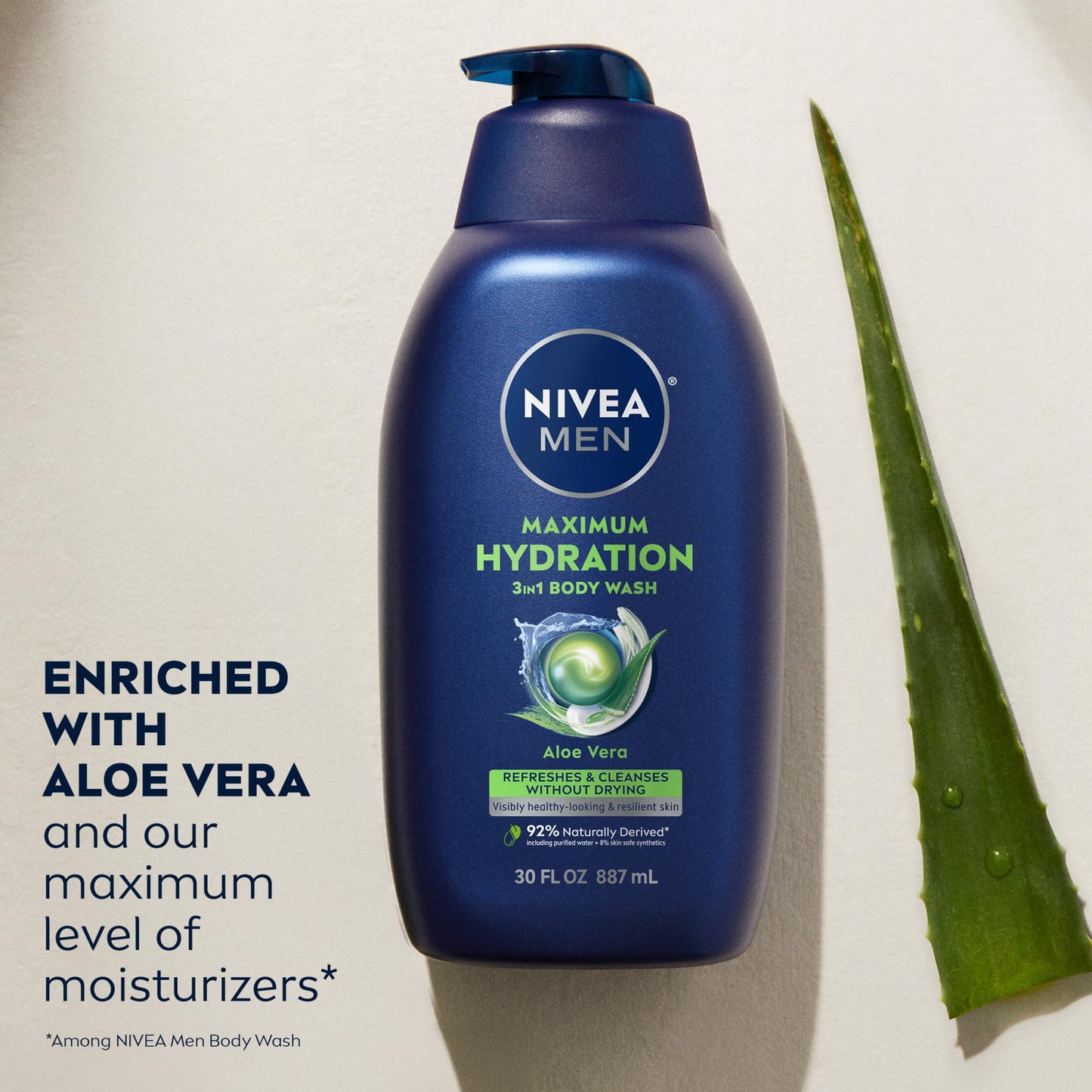Nivea Men Maximum Hydration Body Wash for Dry Skin, Aloe Vera Enriched, 3-in-1 Moisturizing Body Wash, Face and Hair, Paraben Free, Vegan Formula, 30