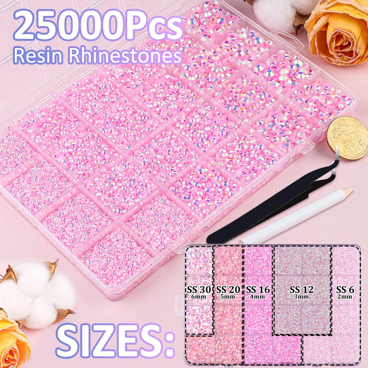 25000Pcs Resin Rhinestones for Crafting, Light Pink AB 2-6mm Mixed Sizes Non Hotfix Flatback Gems with 1Pcs Glue, Bedazzling Crystal for DIY Craft Beauty and Personal Care TINKRSTUFF