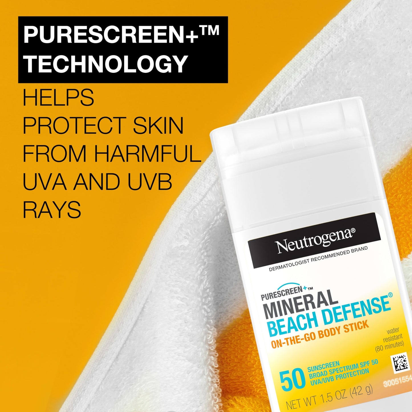 Neutrogena Purescreen+ Mineral Beach Defense On-The-Go Body Sunscreen Stick with Broad Spectrum SPF 50, Water Resistant UVA/UVB Protection, Absorbs