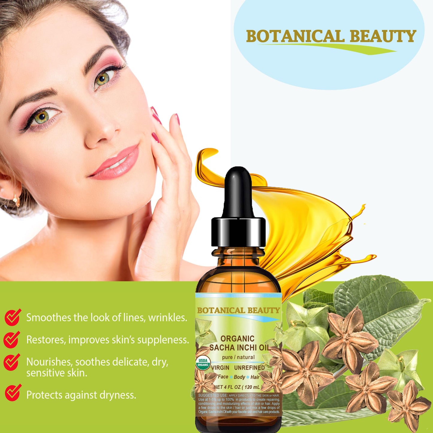 Botanical Beauty Organic SACHA INCHI OIL 100% Natural Pure Undiluted Virgin Unrefined Cold Pressed Carrier Certified Organic Oil For Face, Skin, Hair