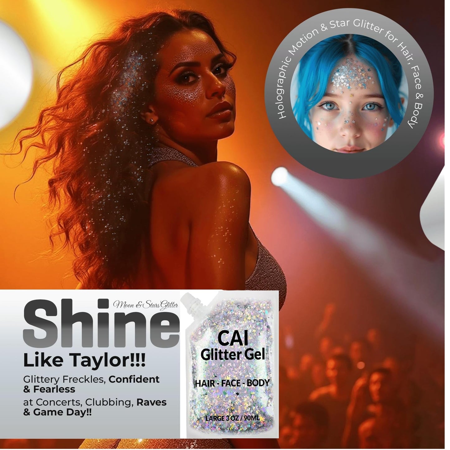 Face, Body & Hair Glitter Gel - Halloween Glitter for Kids and Women - 3 Oz Cosmetic-Grade Gel w/Moon & Stars for Festivals & Halloween Party, Easy