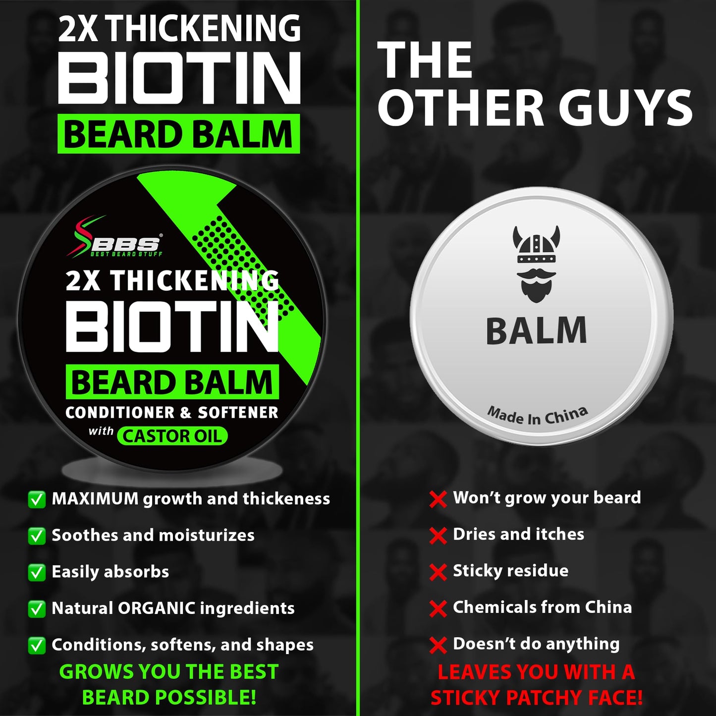 Biotin Beard Balm for Men – 2X Thickening Mustache & Beard Wax with Castor Oil & Meadowfoam, Hydrating Growth Balm & Leave-In Conditioner