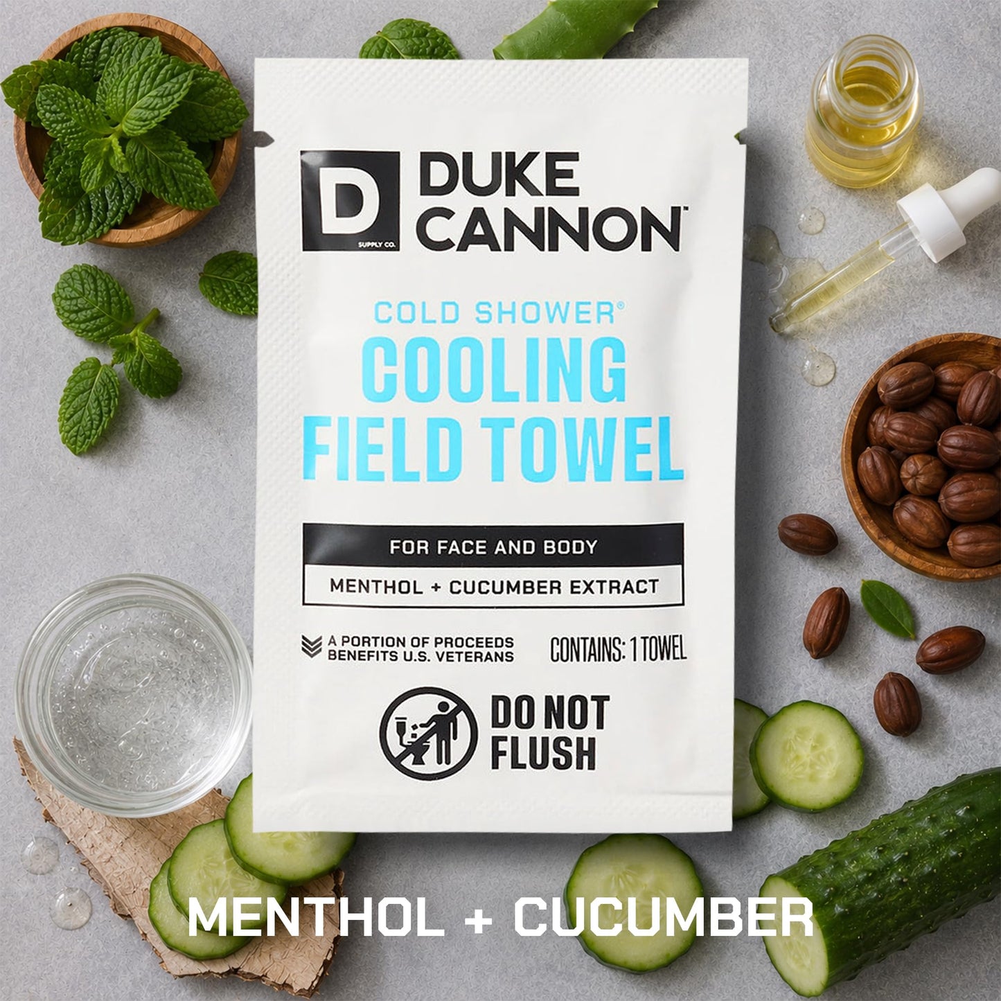 Duke Cannon Cold Shower Cooling Field Towels - 15 Individually Wrapped Towels - Men's Face and Body Wipes - Made with Menthol & Aloe - Instant Refresh