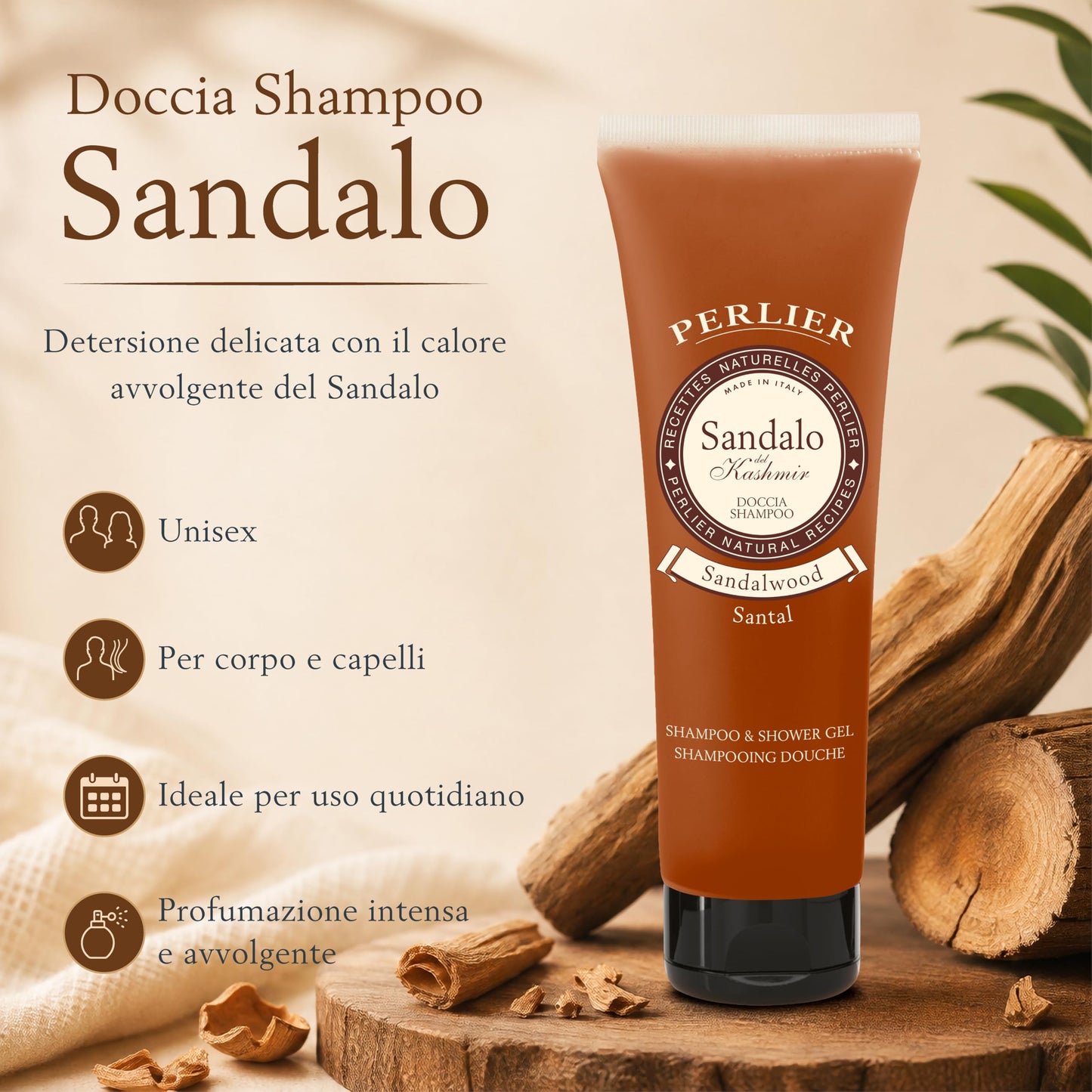 Perlier: "Sandalo del Kashmir" Shampoo & Shower Gel, Sandalwood Scent 8.4 Fluid Ounces (250mL) Tube [ Italian Import ]