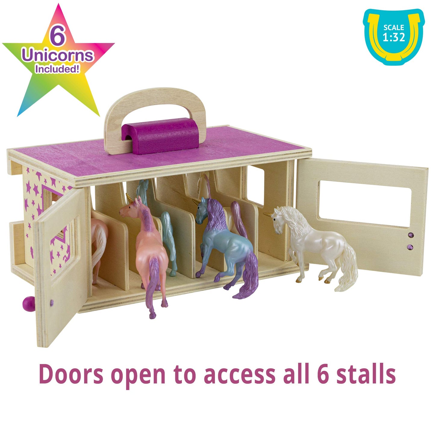 Breyer Unicorn Magic Wooden Carry Stable Playset – 6 Hand-Painted Unicorn Horses in Case, Imaginative Playset & Gift for Kids Ages 4–8